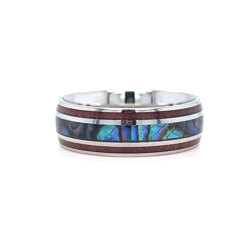 
                  
                    A Super Silver Abalone and Koa Wood Stainless Steel ring.
                  
                