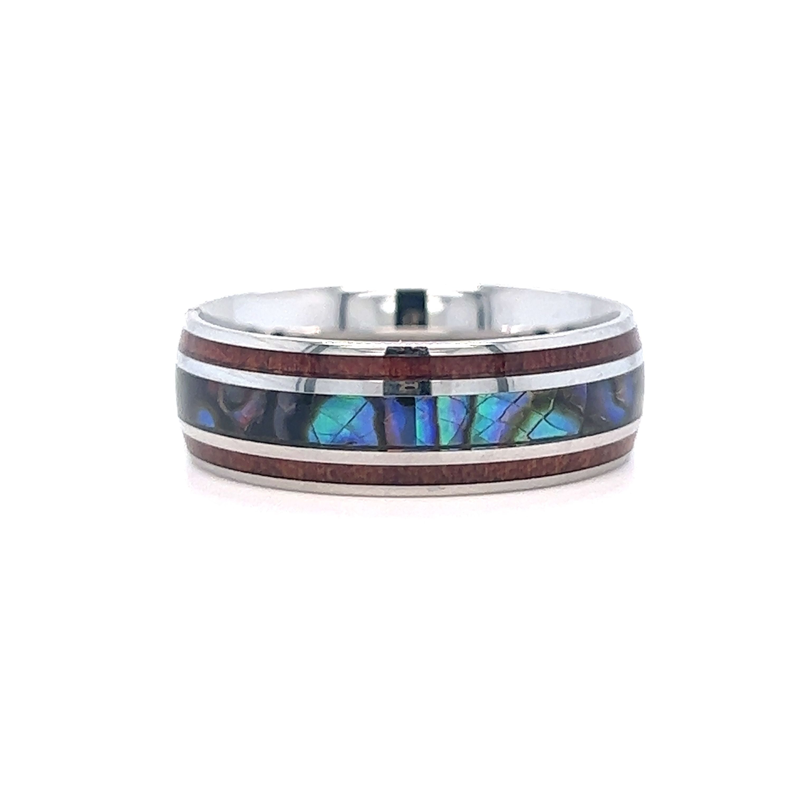 A Super Silver Abalone and Koa Wood Stainless Steel ring.