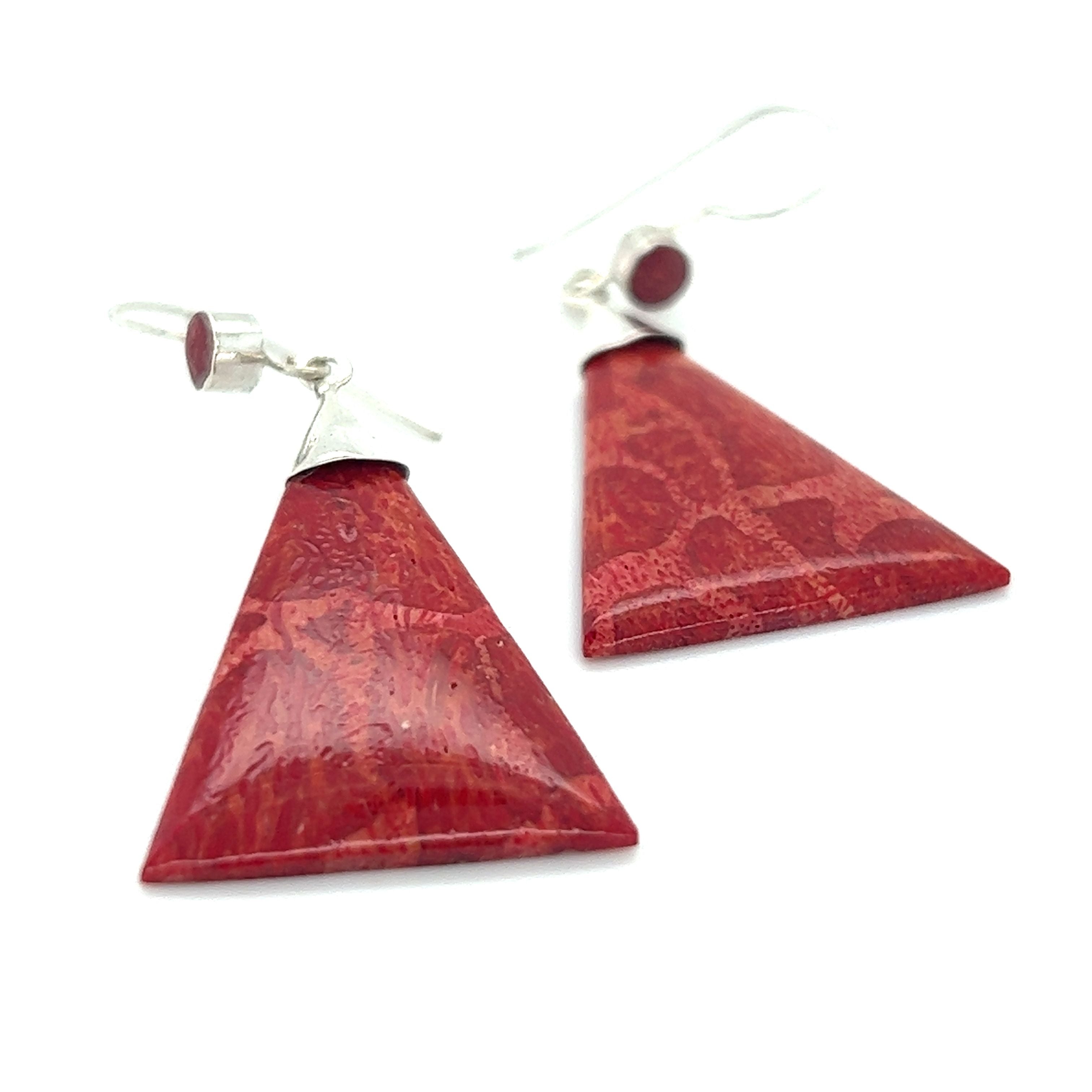 Super Silver's Long Triangle Sponge Coral Earrings with silver earring hooks.