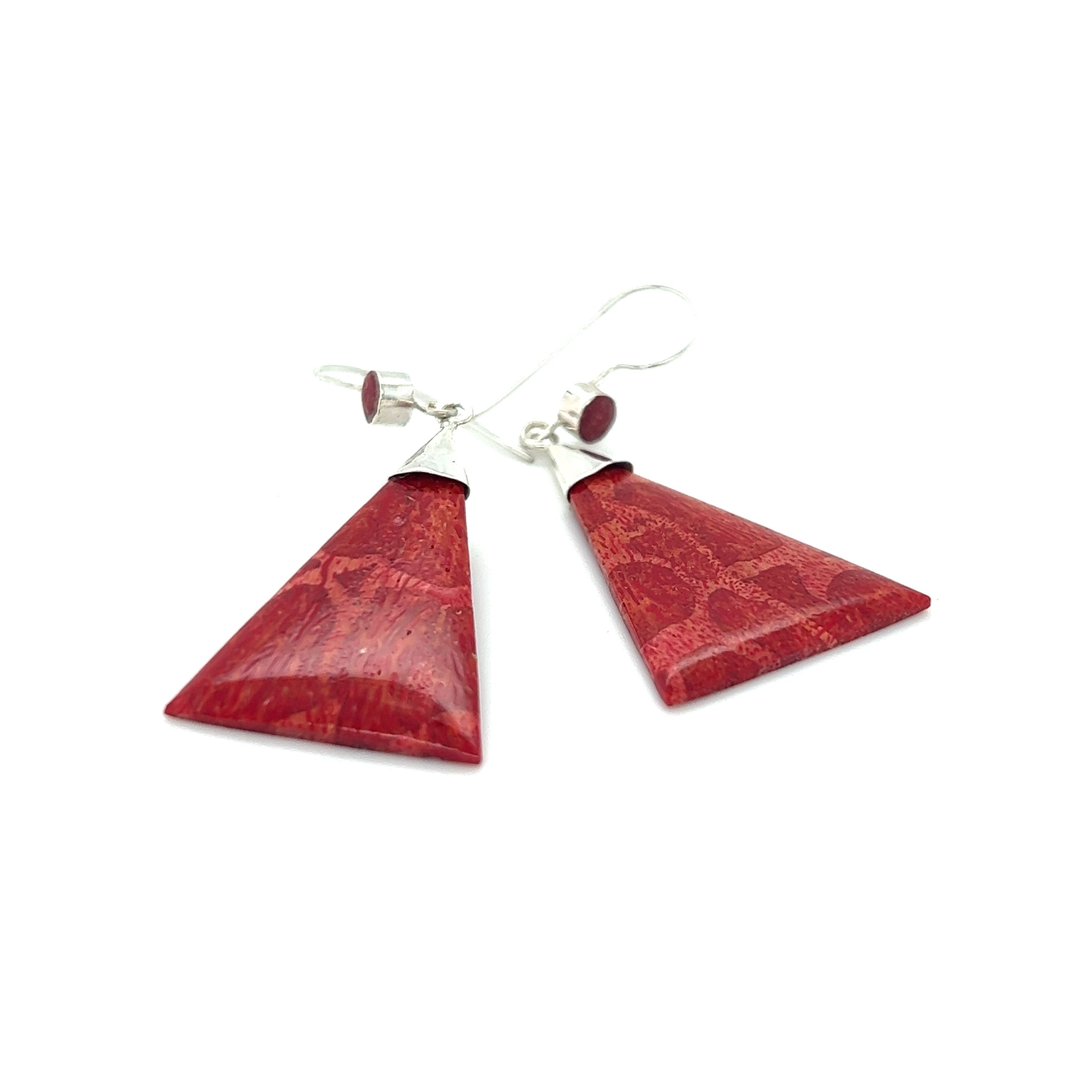 A pair of Long Triangle Sponge Coral Earrings from Super Silver on a white background.
