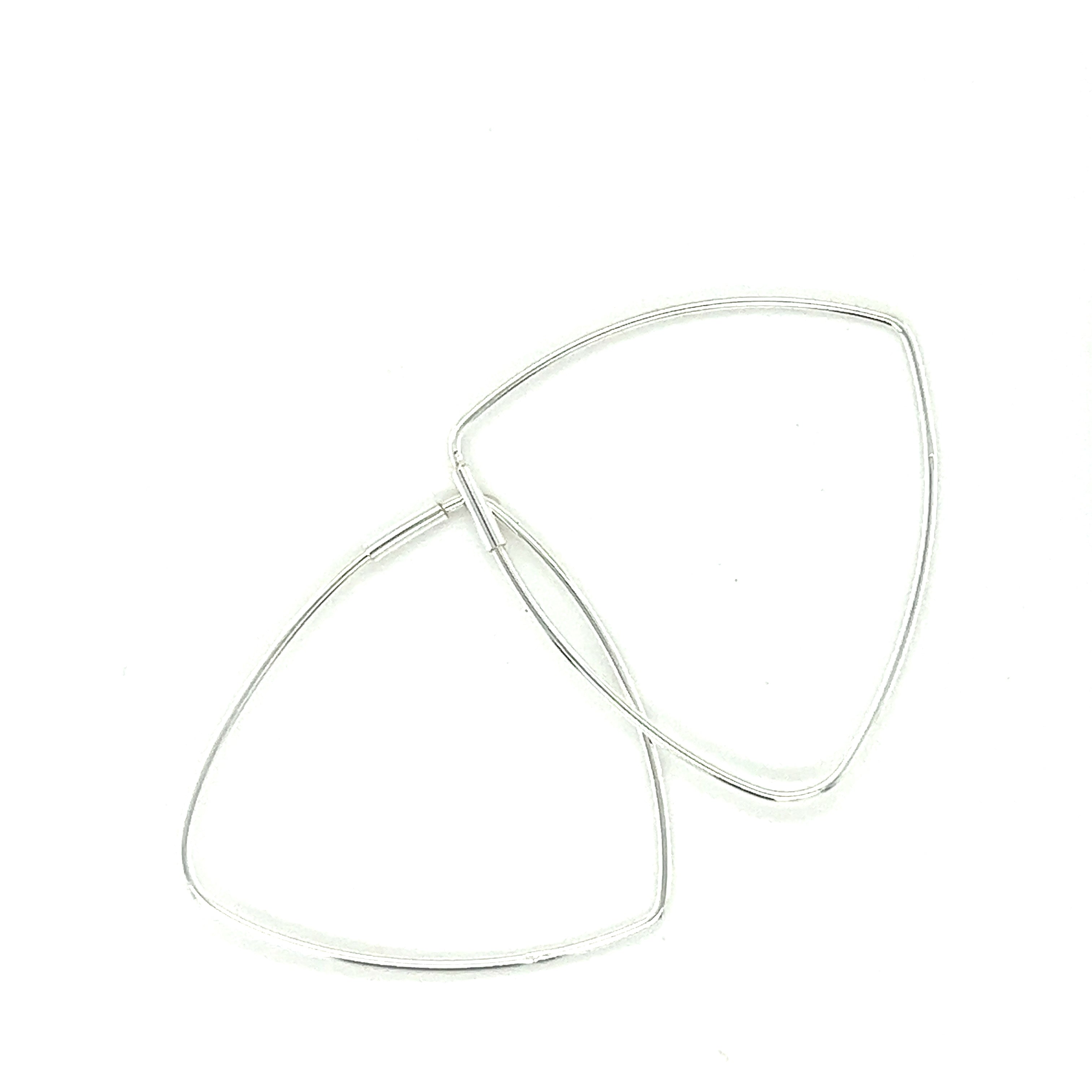A pair of Super Silver Delicate Triangle Shaped Hoops on a white background.