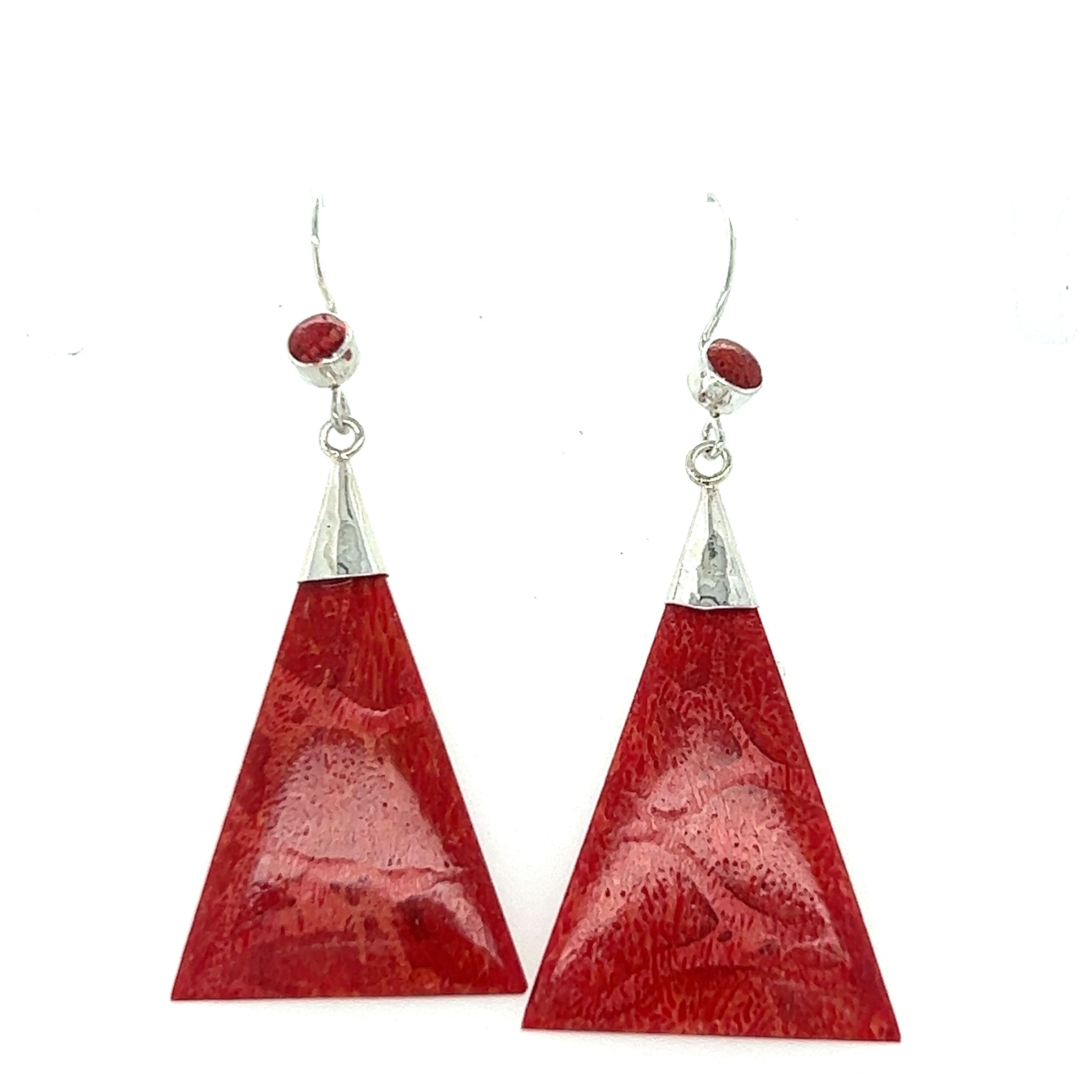 A pair of vibrant Super Silver Long Triangle Sponge Coral Earrings on a white background.