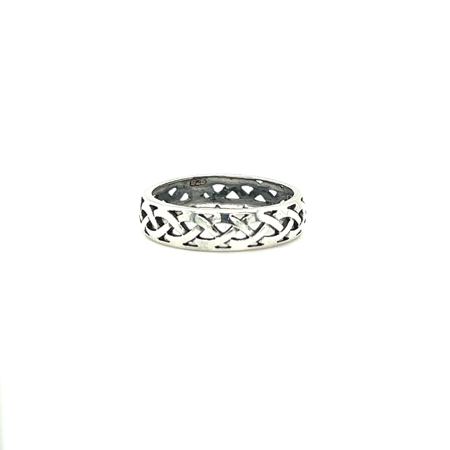 A silver band with a Celtic weave design.