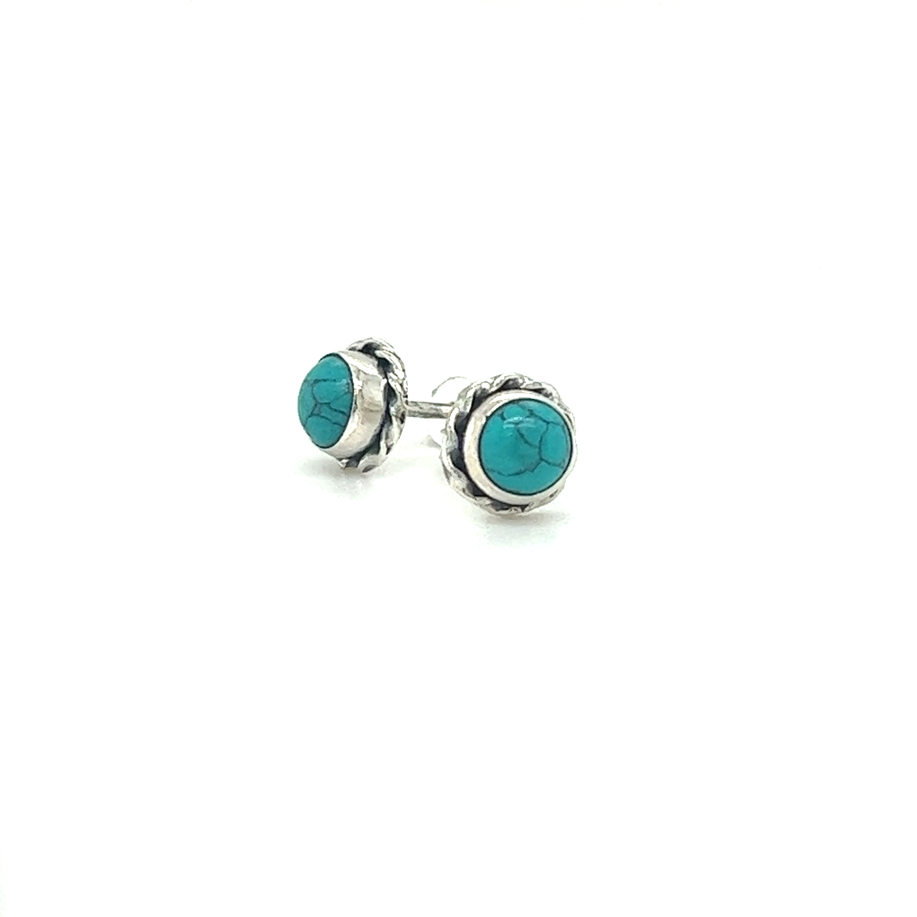 A pair of Round Stone Stud Earrings with Twist Details showcasing their vibrant color on a white background, made by Super Silver.
