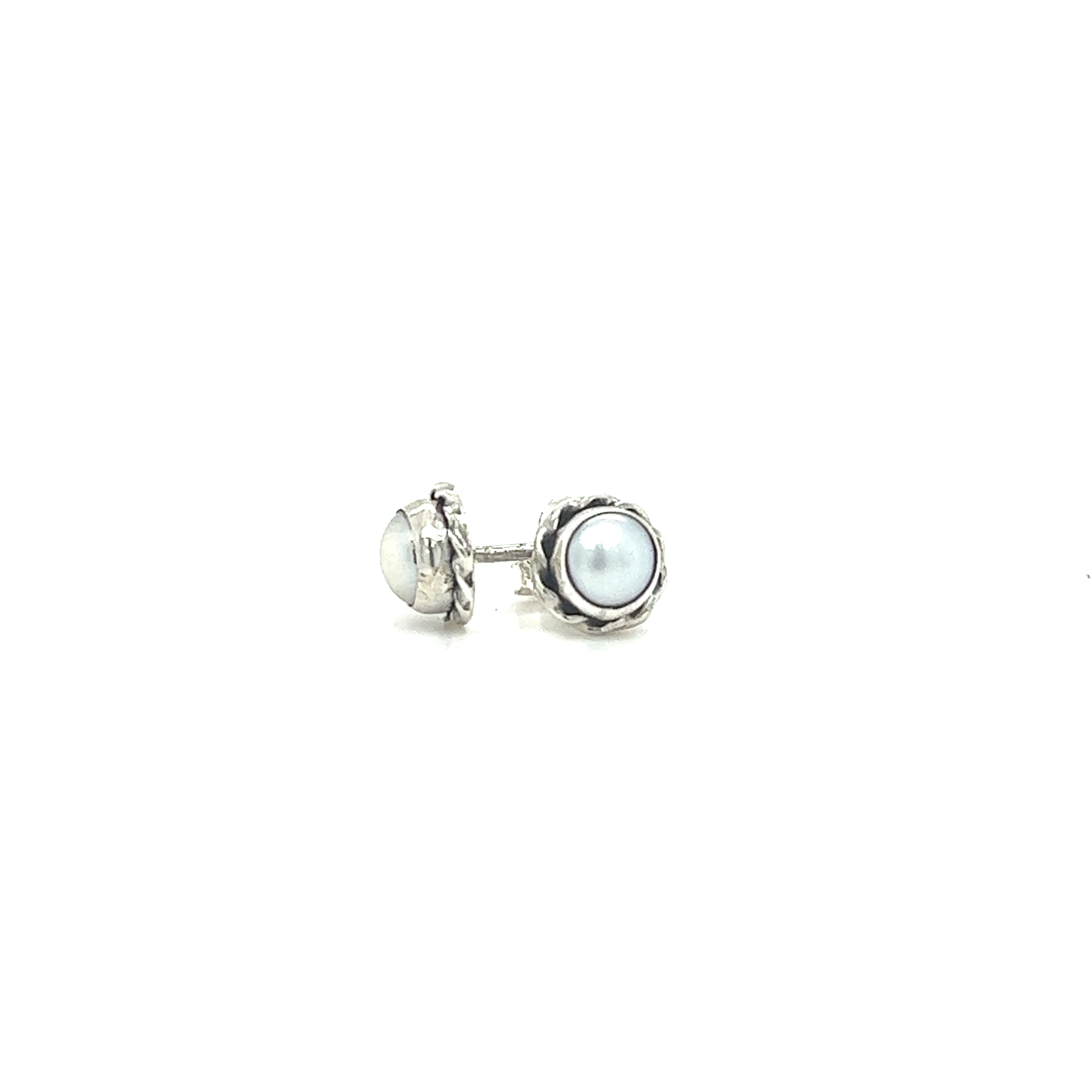 A pair of Round Stone Stud Earrings with Twist Details from Super Silver on a white background, showcasing their elegant stone and color.