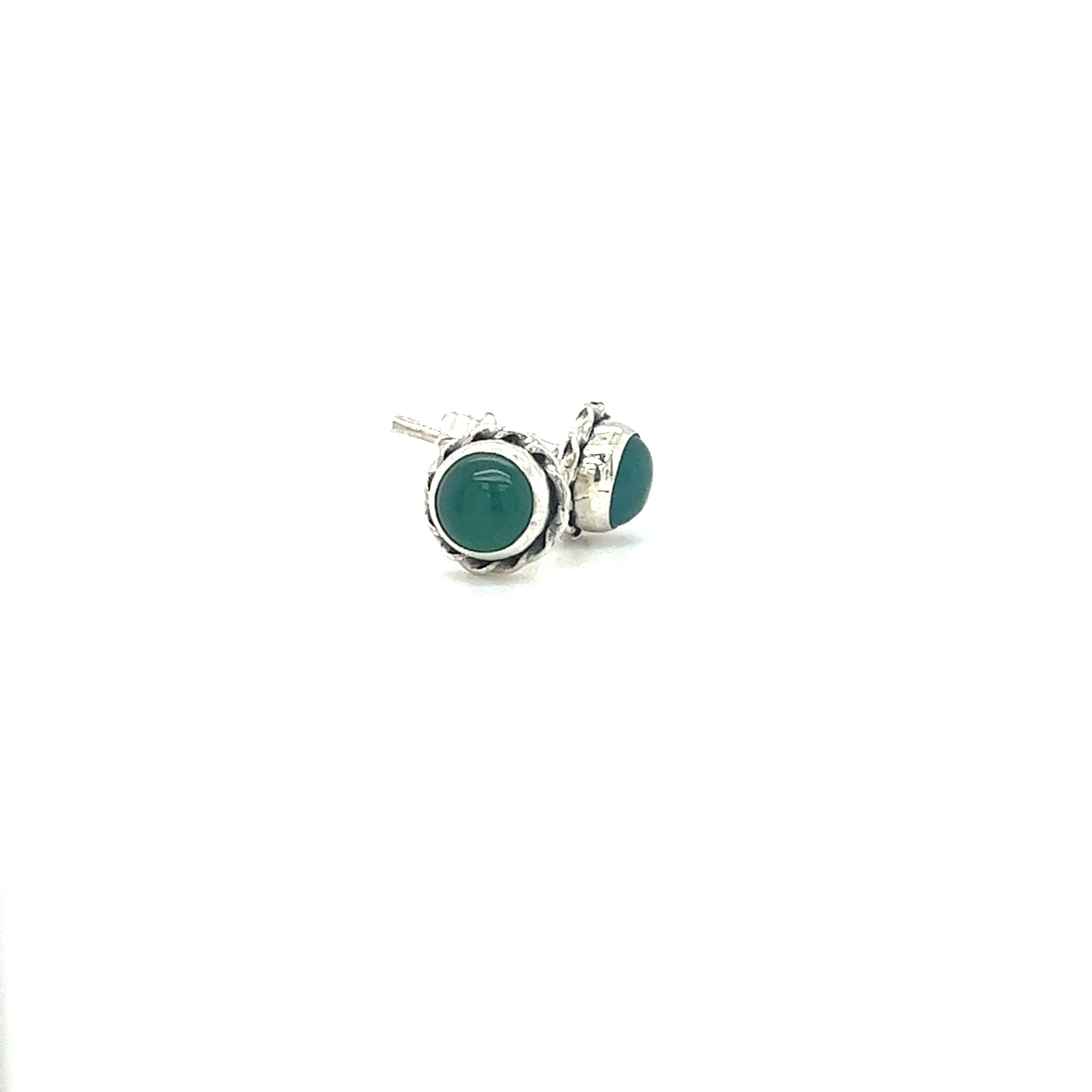 A pair of Round Stone Stud Earrings with Twist Details from Super Silver showcasing the vibrant green color of the stones against a white background.