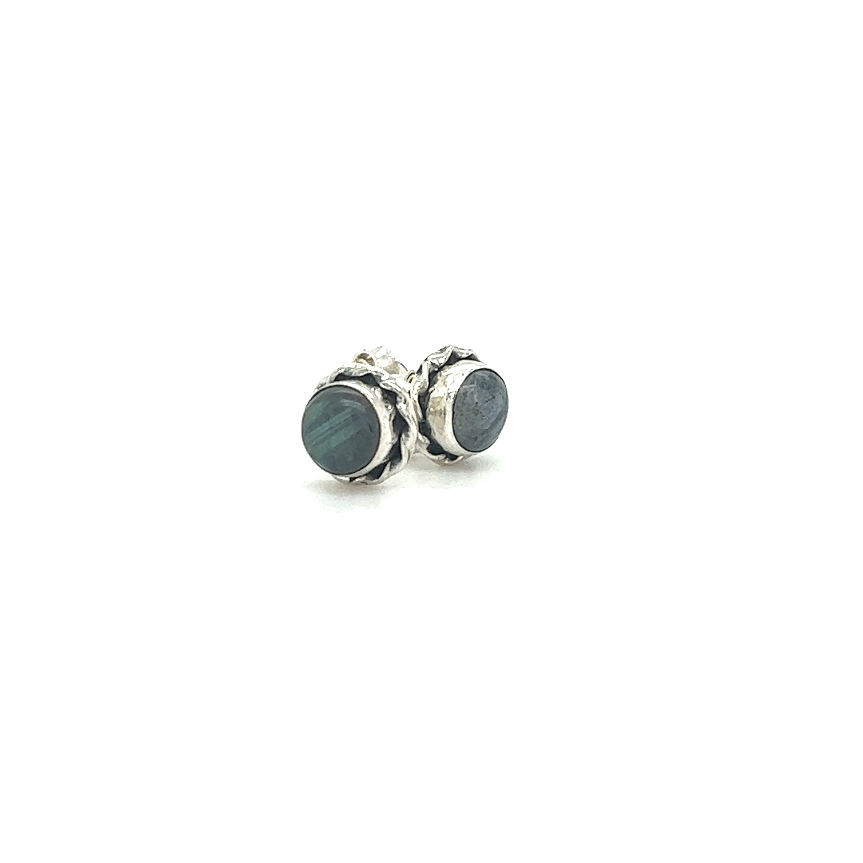 A pair of Super Silver Round Stone Stud Earrings with Twist Details, adding a touch of color to any outfit.