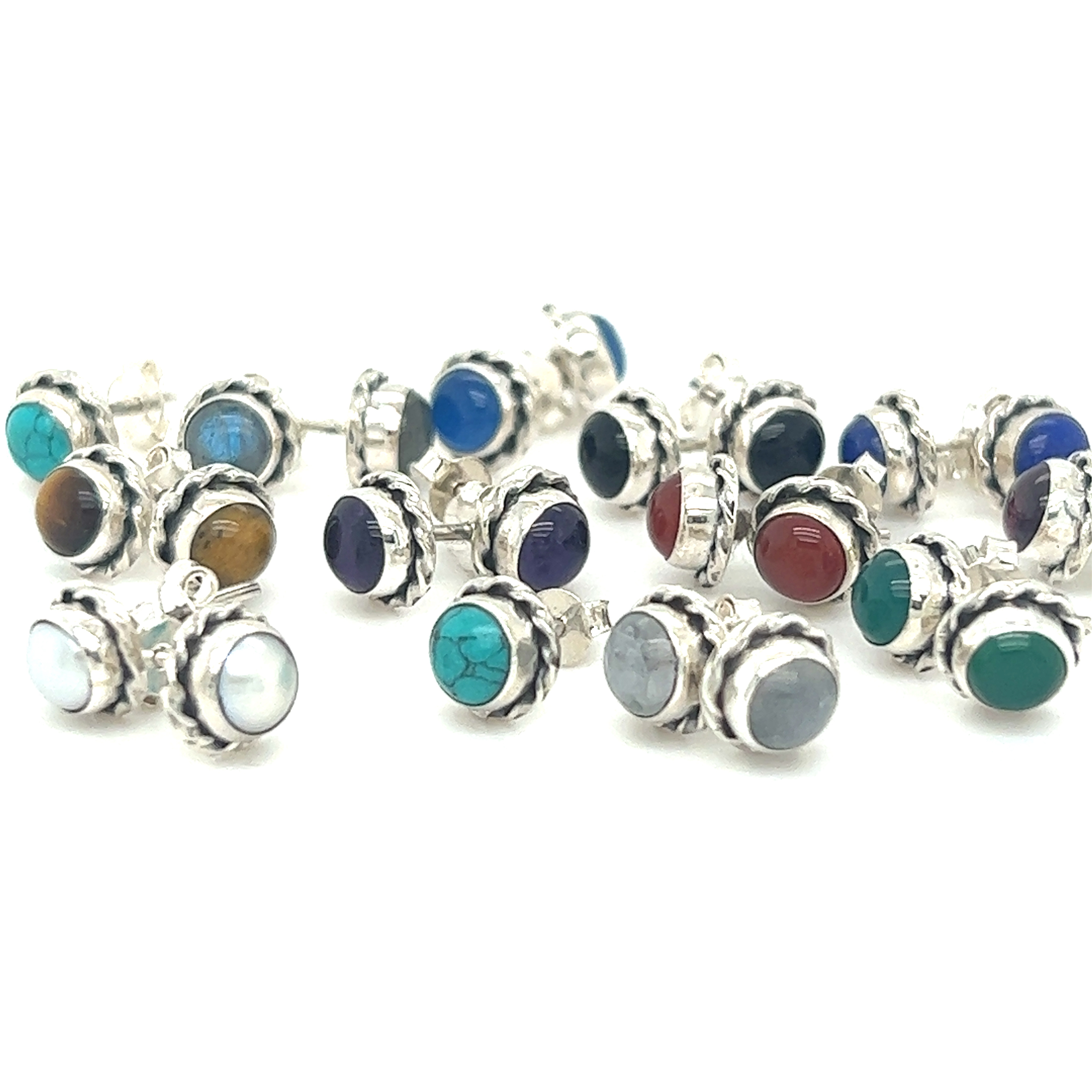 A variety of Super Silver Round Stone Stud Earrings with Twist Details on a white background.