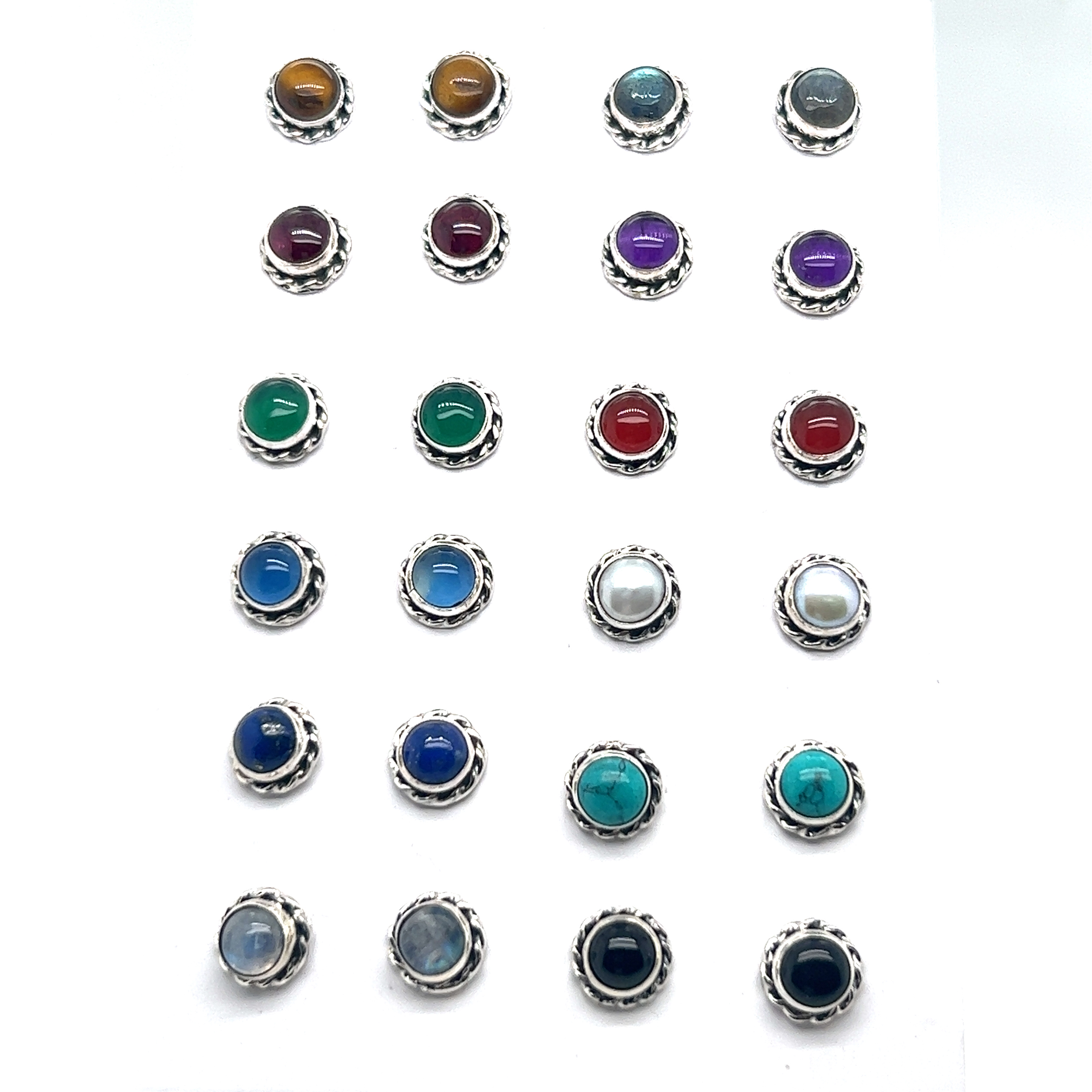 A variety of Super Silver Round Stone Stud Earrings with Twist Details.