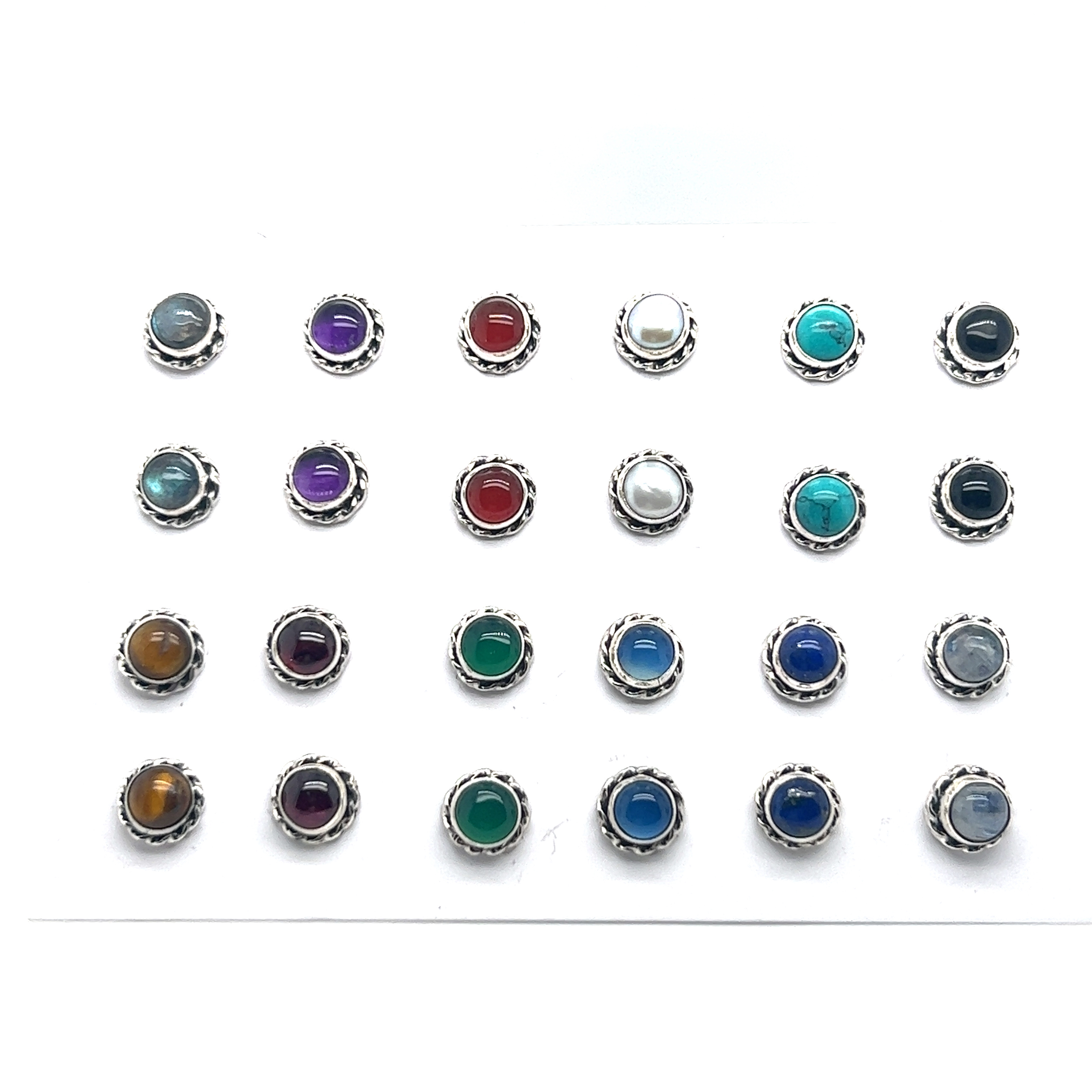 A variety of Super Silver Round Stone Stud Earrings with Twist Details.