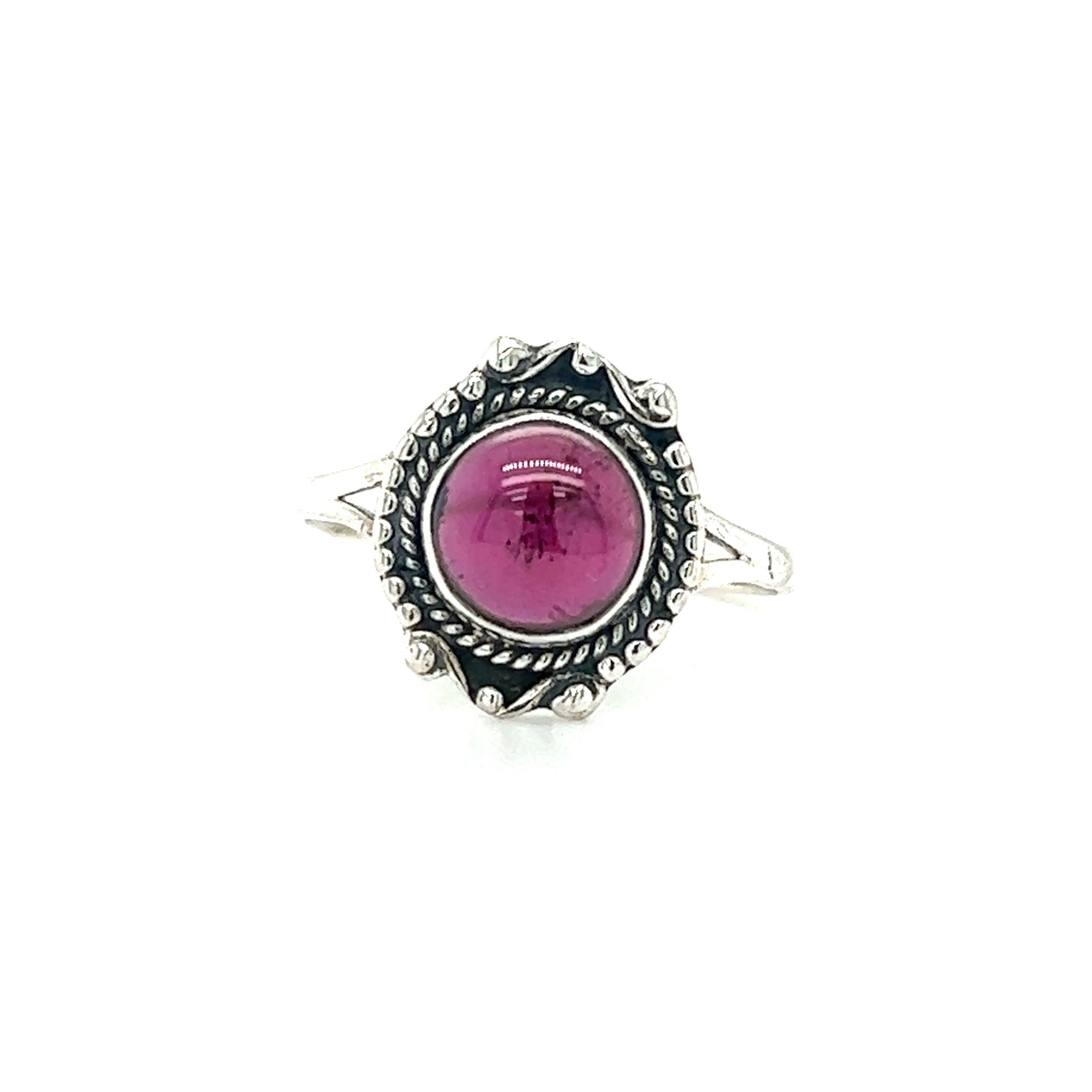 A Round Gemstone Ring With Vintage Setting, crafted in .925 sterling silver, showcasing a pink stone and created by Super Silver.