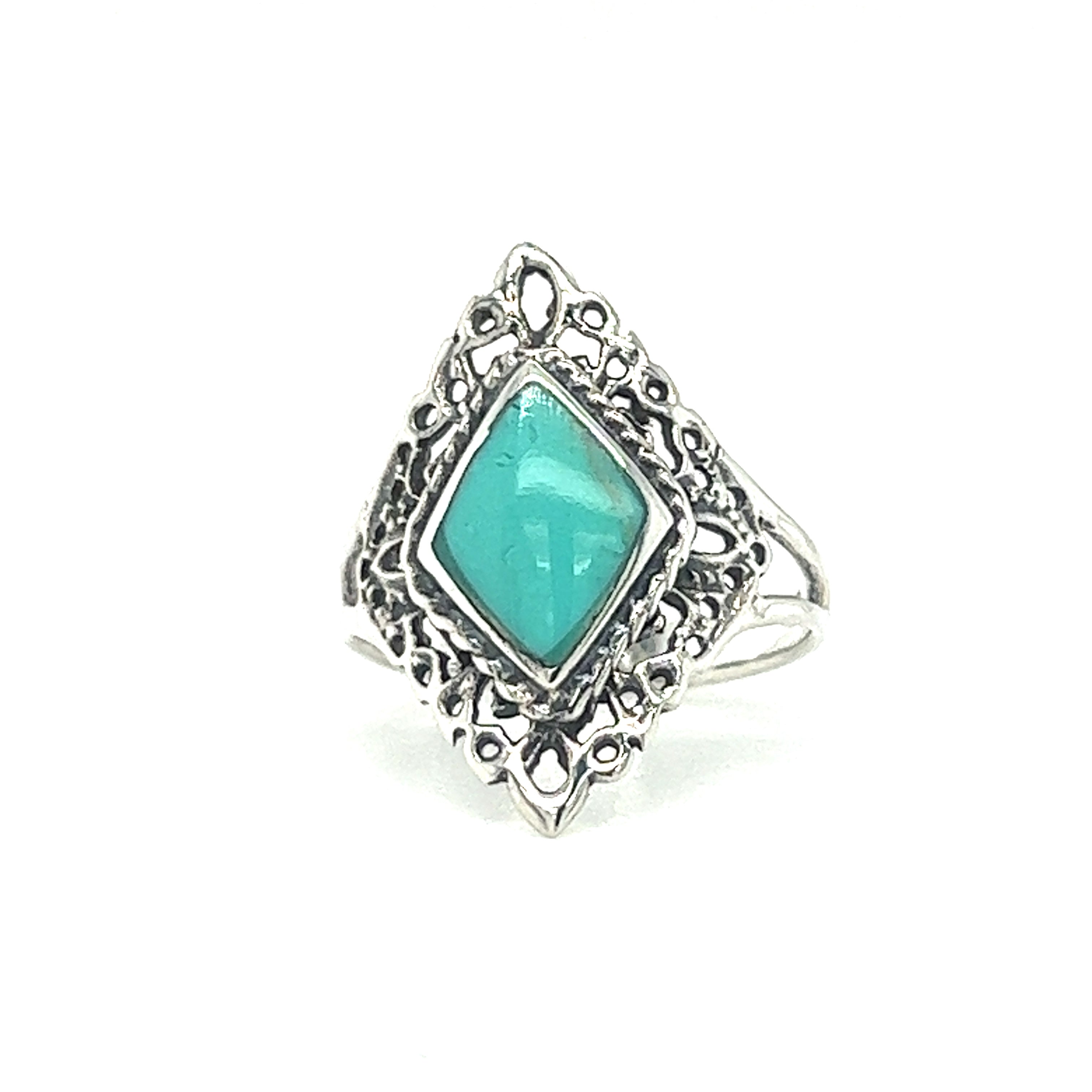 A Diamond Shaped Filigree Ring with Inlaid Stones from the brand Super Silver.