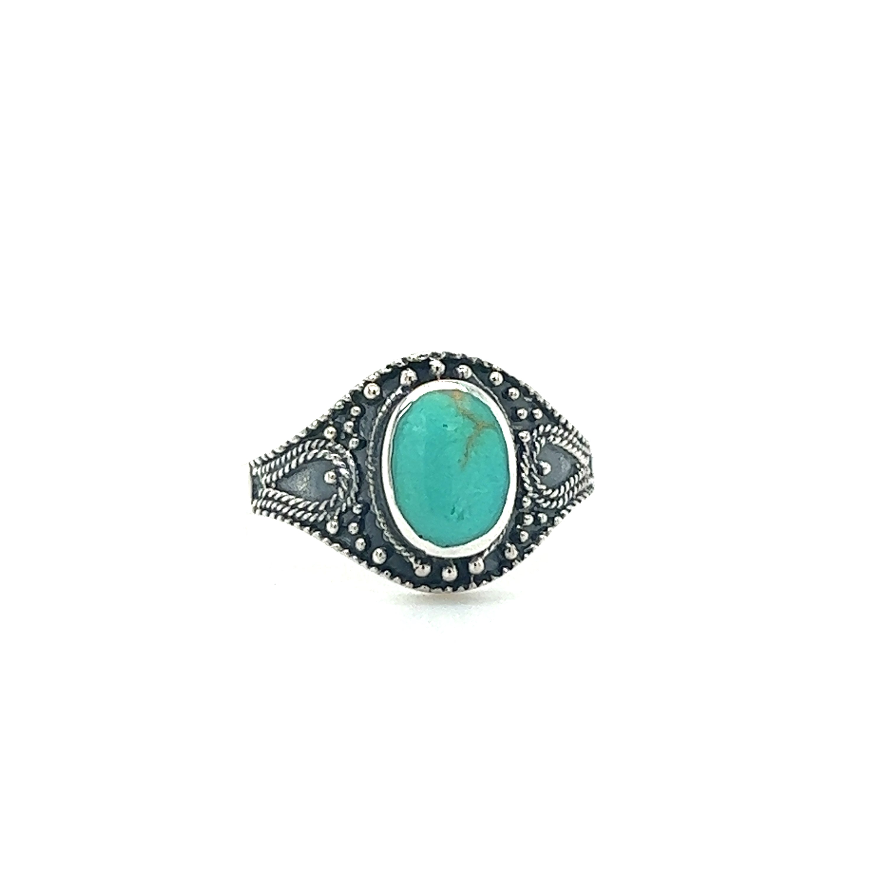 A vintage-chic silver Vintage Style Oval Shield Ring with Inlaid Stones, featuring oxidized detailing.