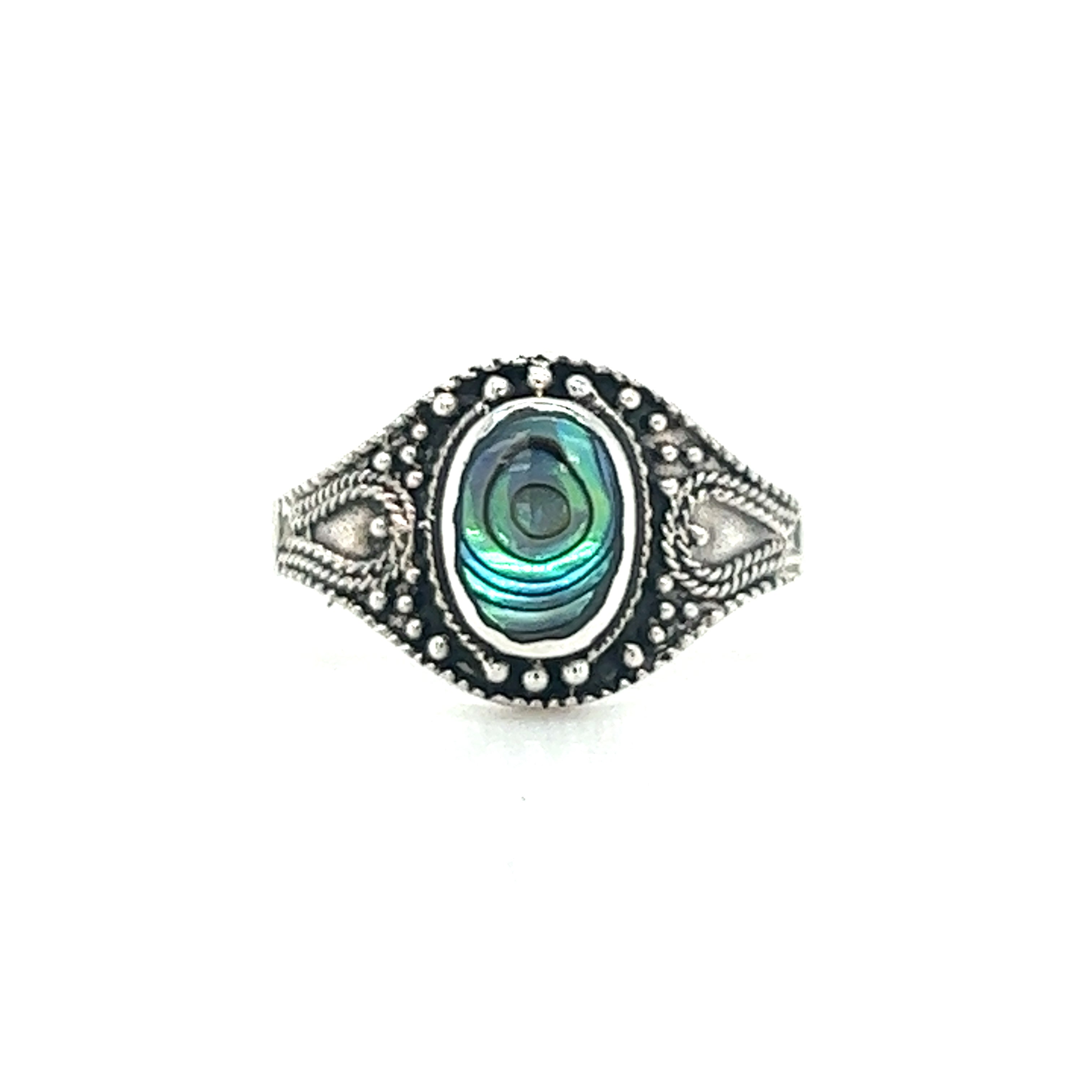 An oxidized silver Vintage Style Oval Shield Ring with Inlaid Stones, perfect for lovers of vintage-styled jewelry.