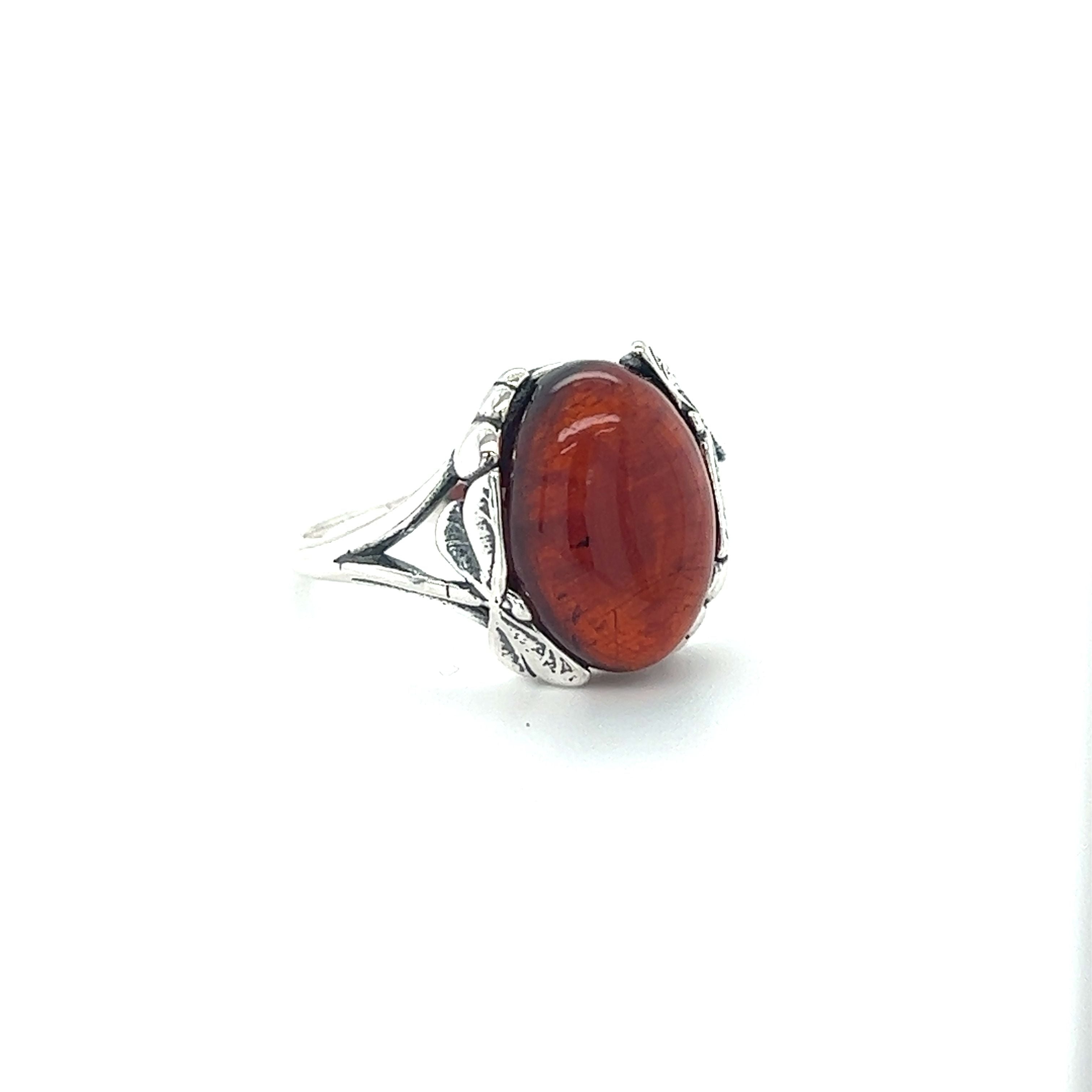 A Dragonfly Band Amber Ring with an orange stone by Super Silver.