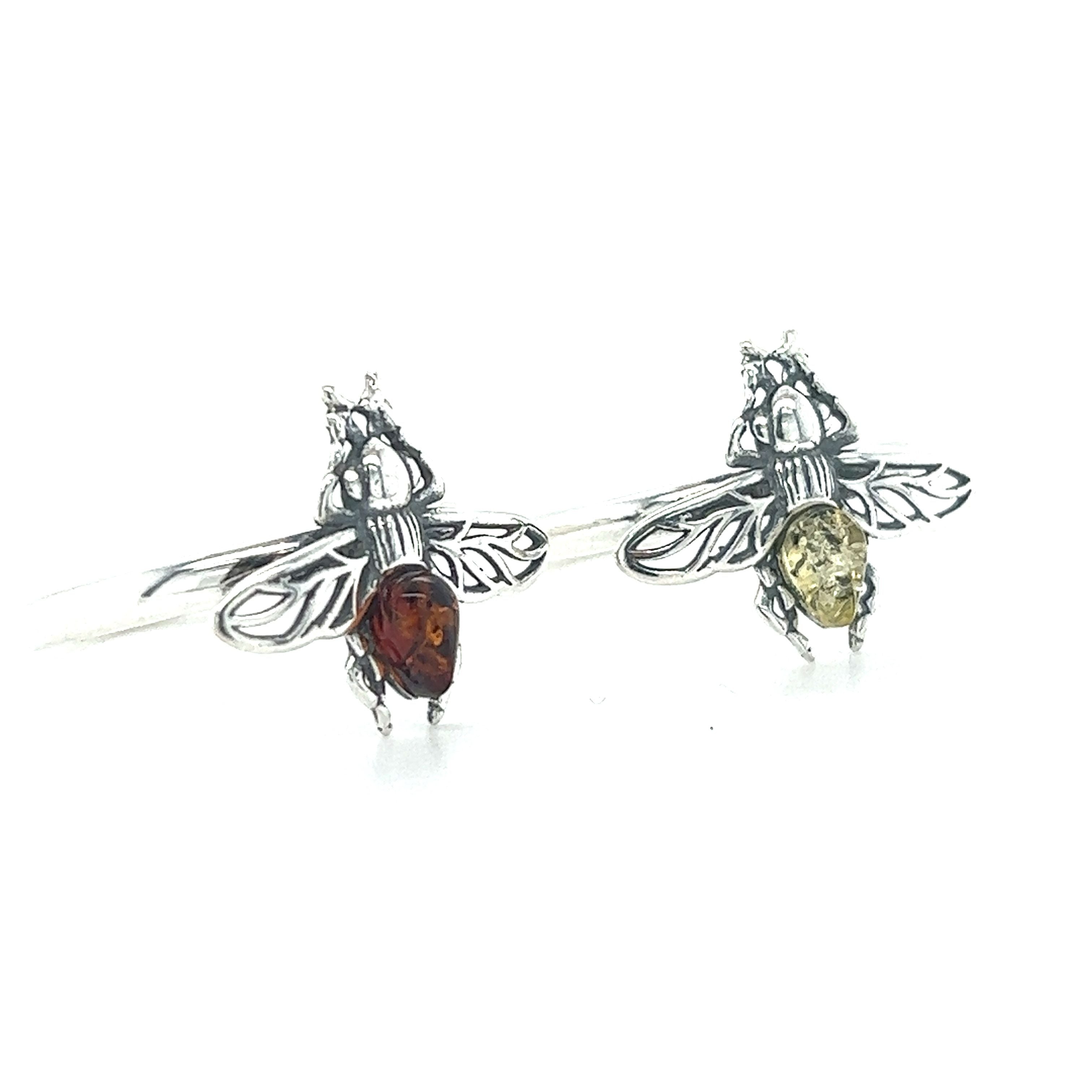 Two Super Silver Detailed Baltic Amber Bee Rings.