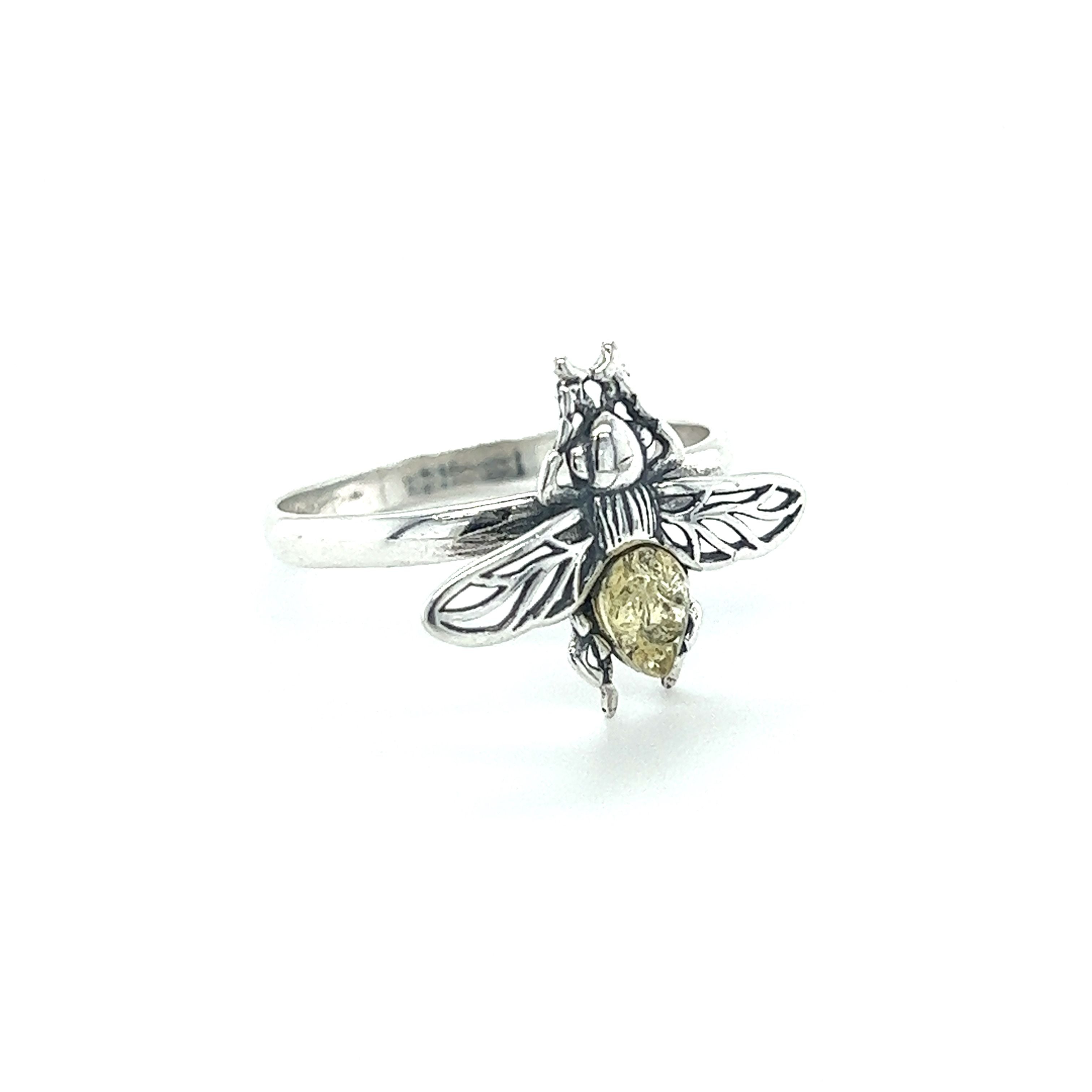 A Detailed Baltic Amber Bee Ring by Super Silver.