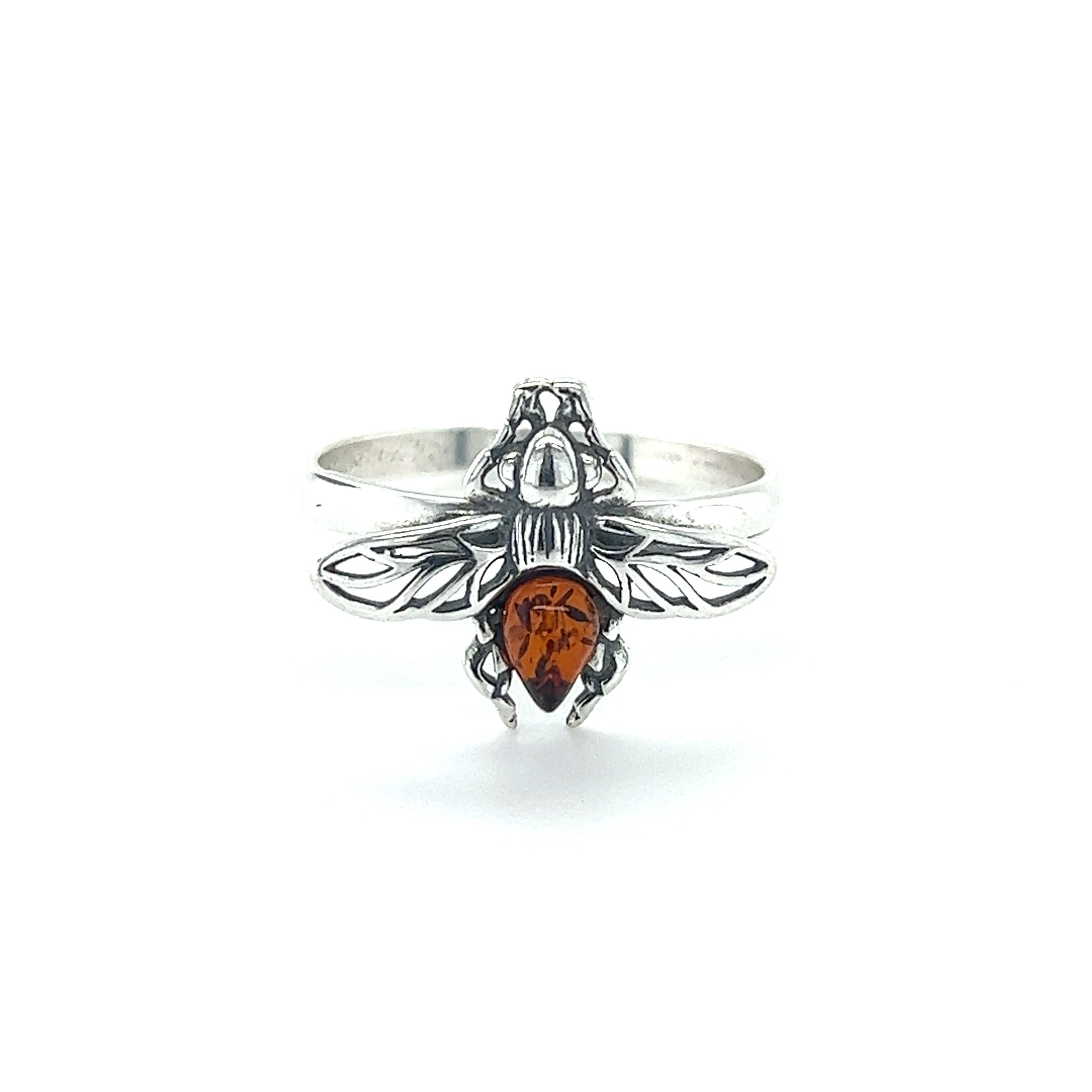 A Detailed Baltic Amber Bee Ring by Super Silver.