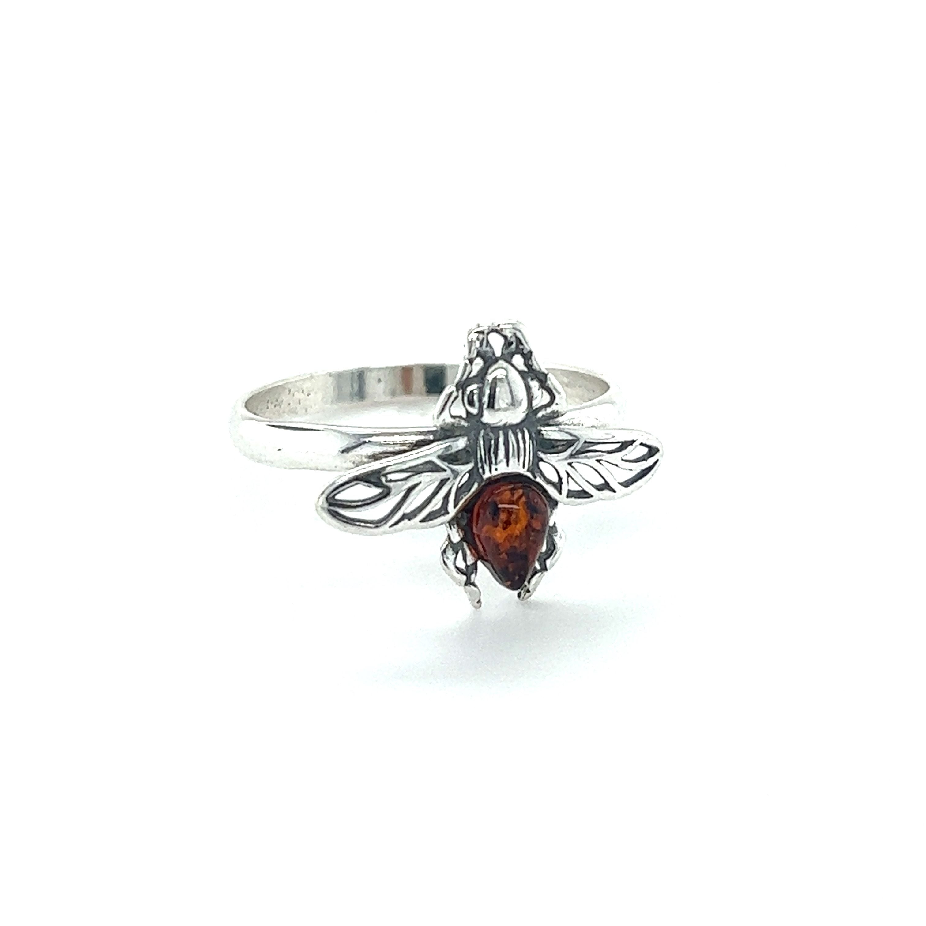 A Detailed Baltic Amber Bee Ring by Super Silver.