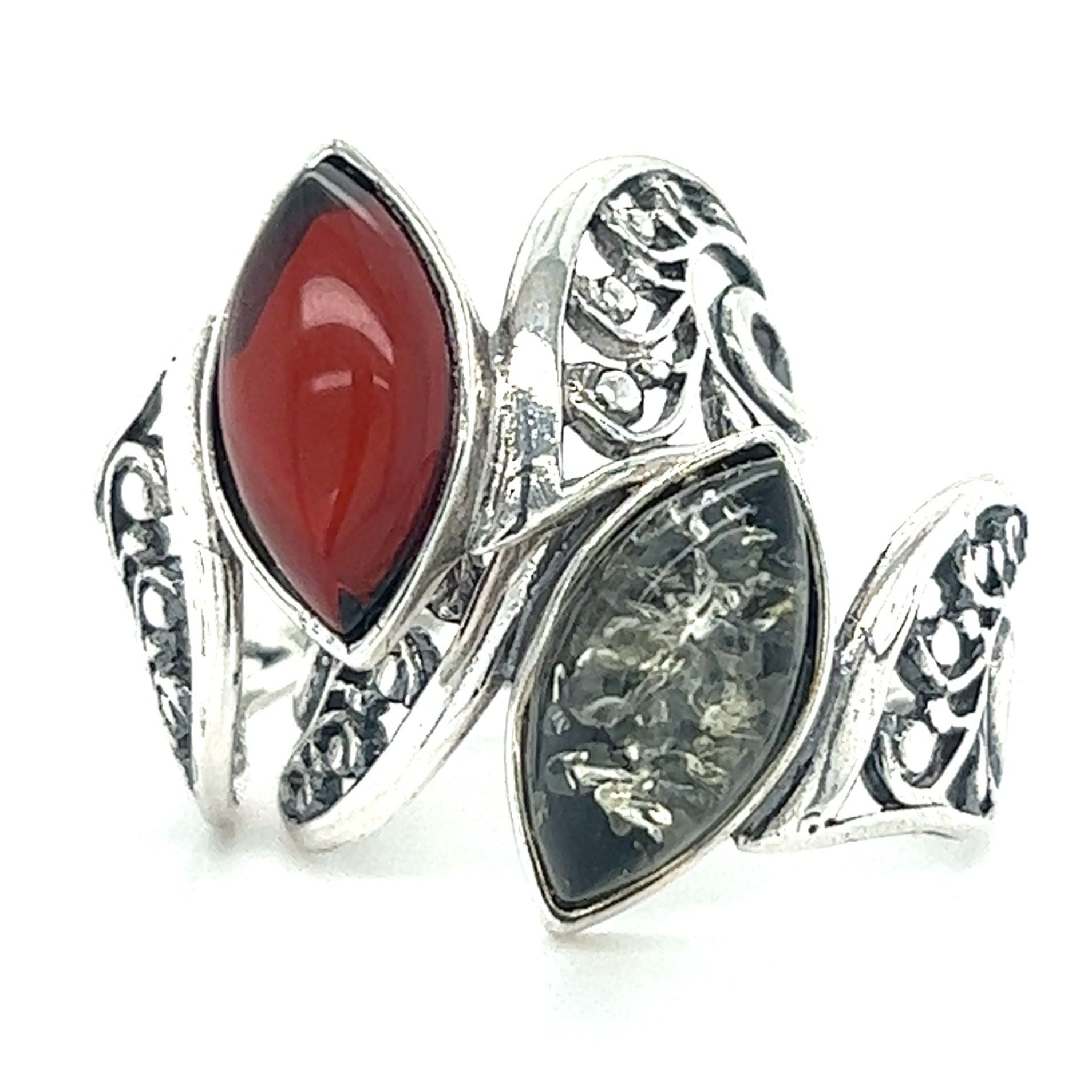 A Super Silver Wide Filigree Band Baltic Amber Ring with red and black stones.