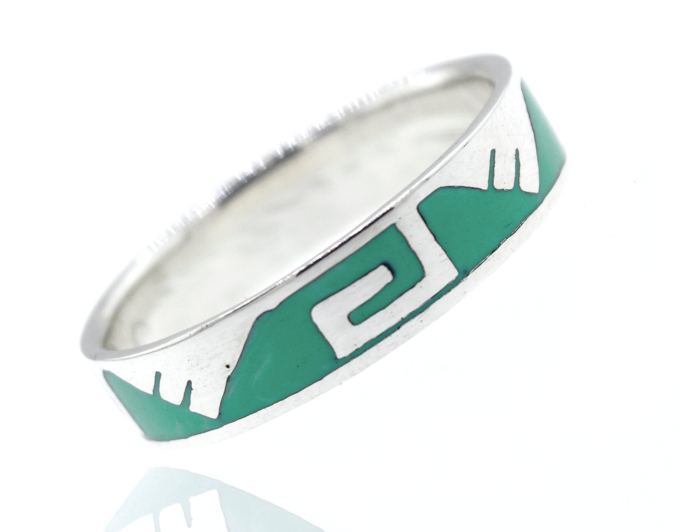 A Greek Wave and Mountain Turquoise Ring with a Super Silver design.