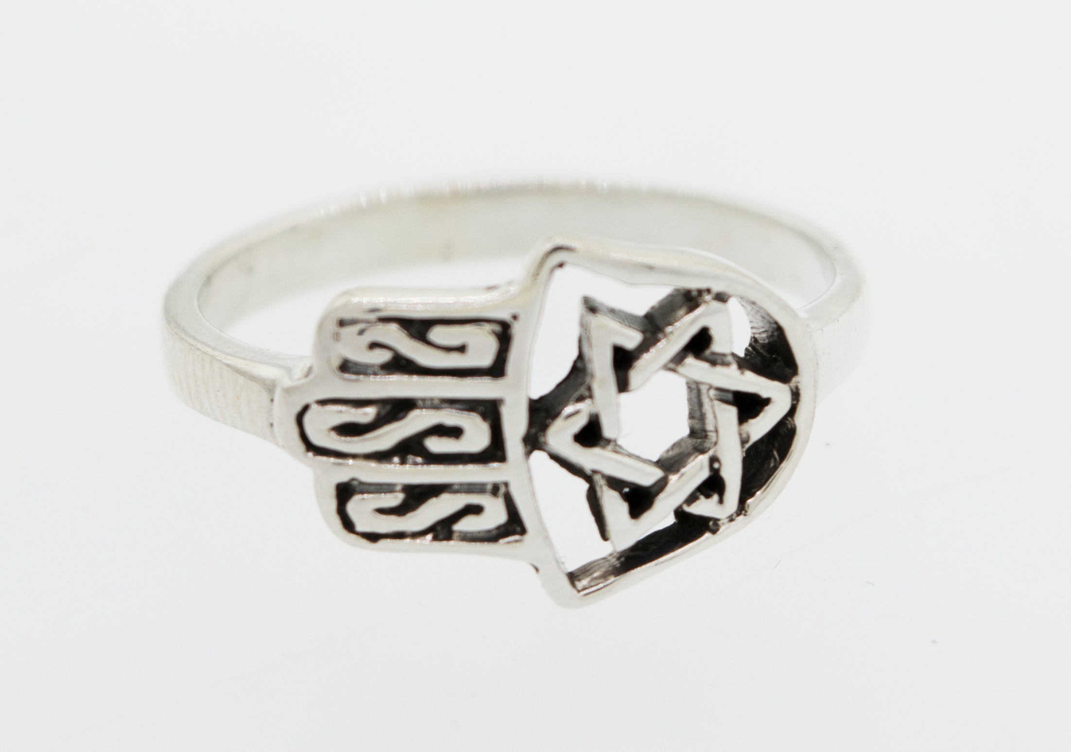 A boho-inspired Hamsa With Star of David Ring in sterling silver.