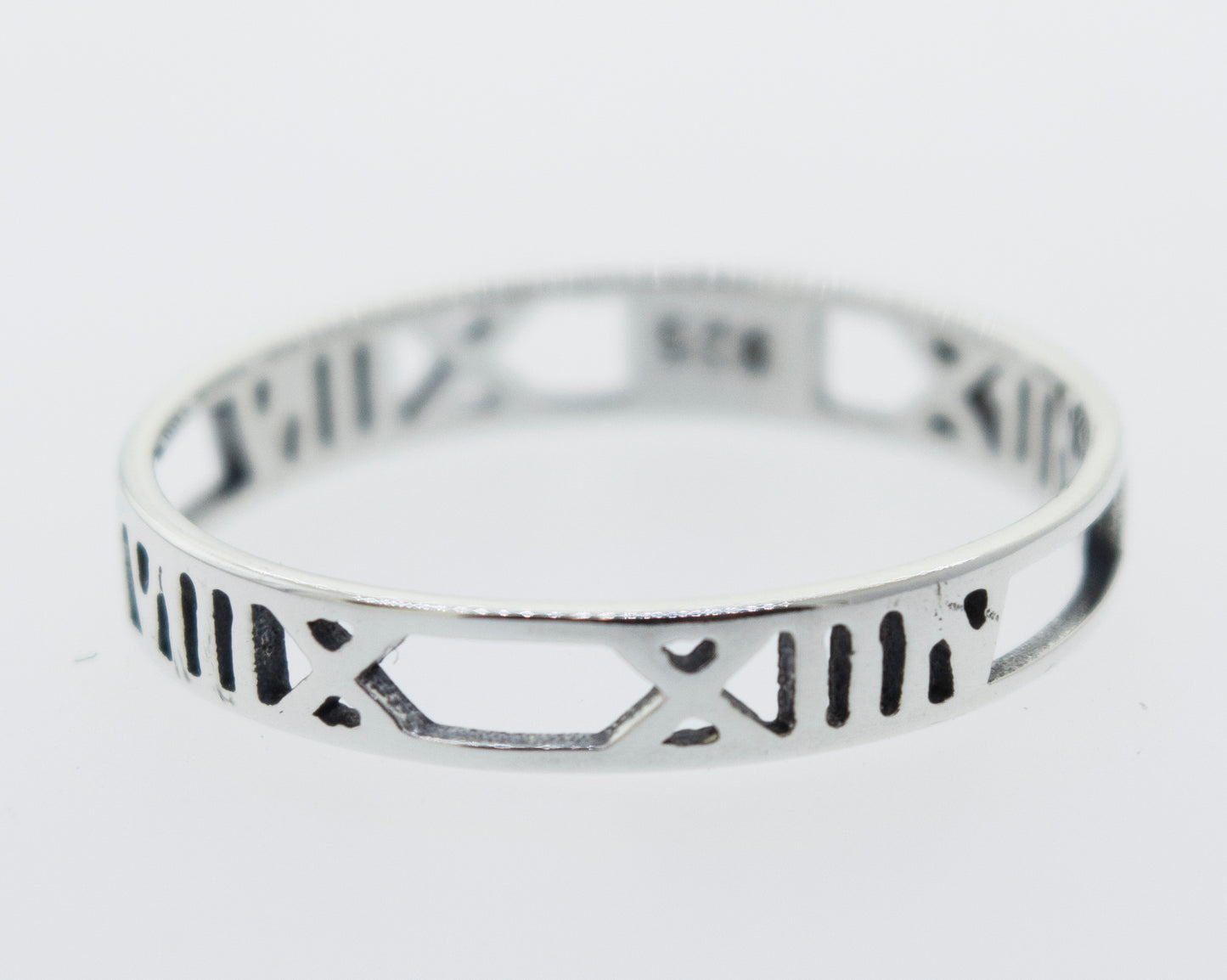 A Super Silver Roman Numerals Ring adorned with elegant Roman numerals.