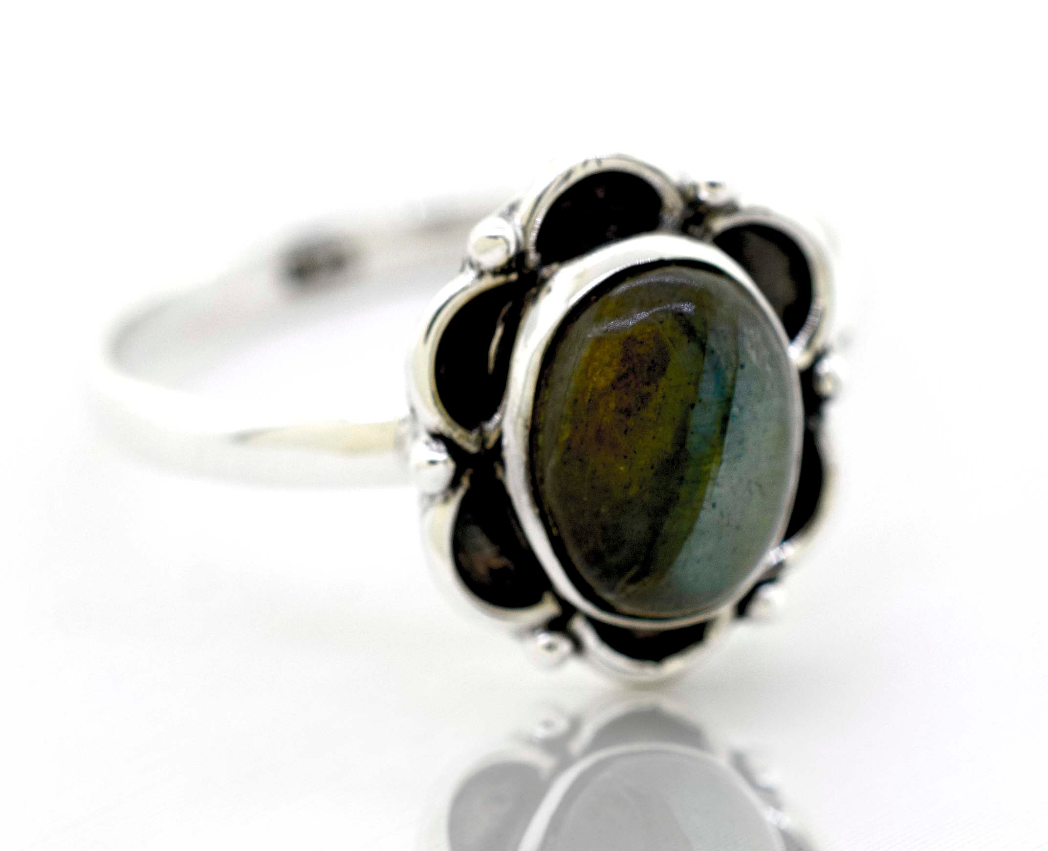 Super Silver Gemstone Ring With Oxidized Flower Design, delicate silver petals.
