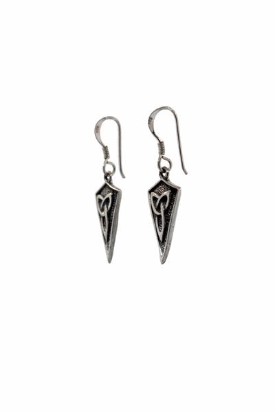 A pair of Super Silver Celtic Trinity Shield Earrings with a Celtic trinity knot symbol.