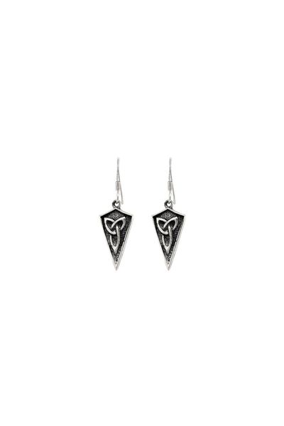 A pair of Super Silver Celtic Trinity Shield Earrings adorned with the Celtic trinity knot symbol, representing love and unity.