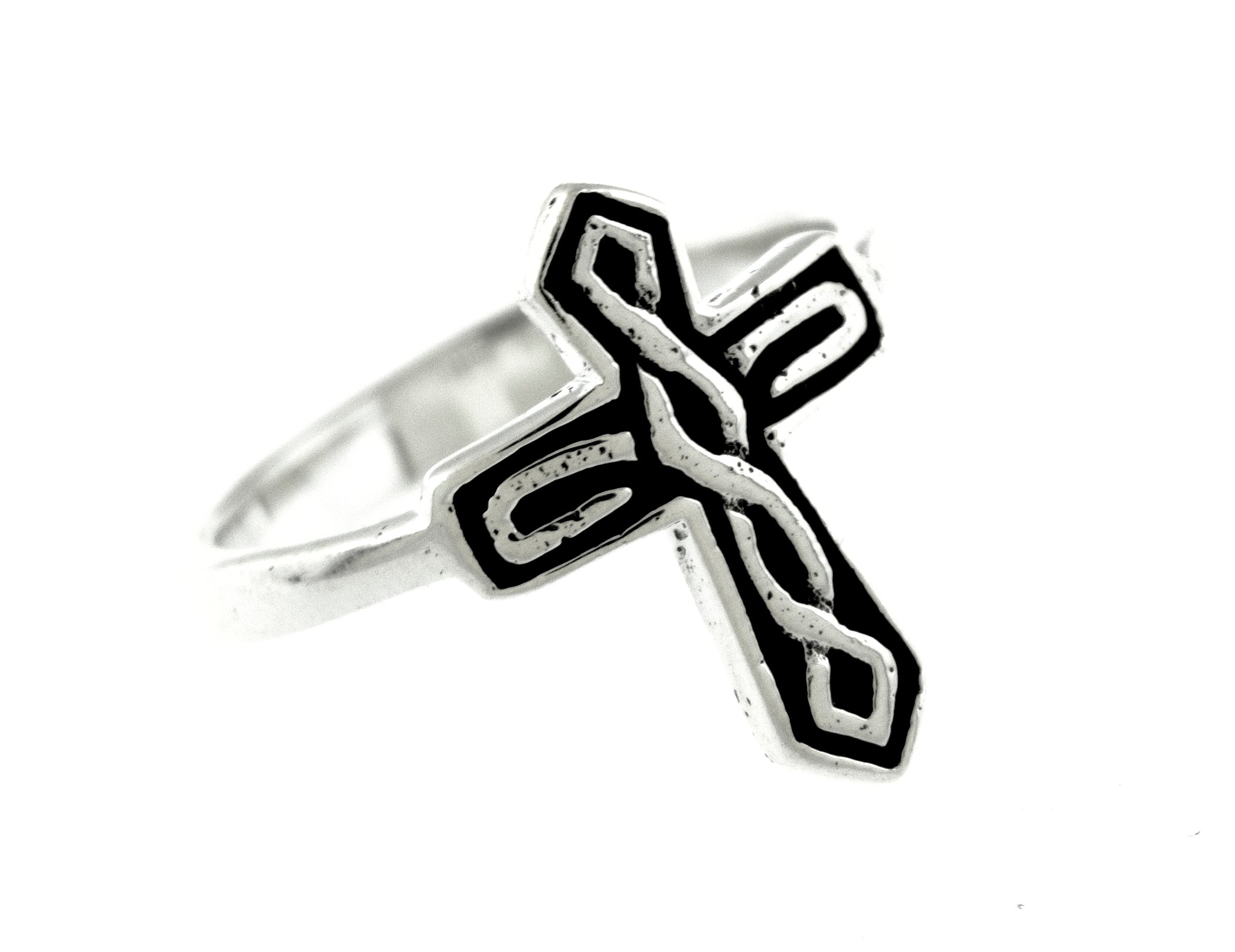 A Super Silver Cross Ring With Celtic Weave with darkened finish and intricate black and white designs.