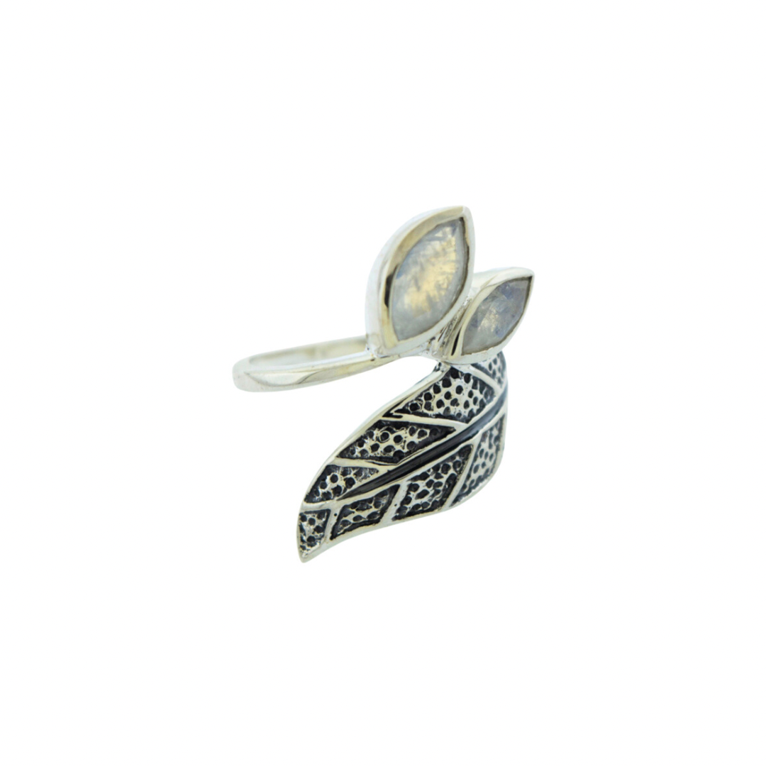 A Super Silver wrap-around Leaf Ring with Moonstone featuring facet cut rainbow moonstones.