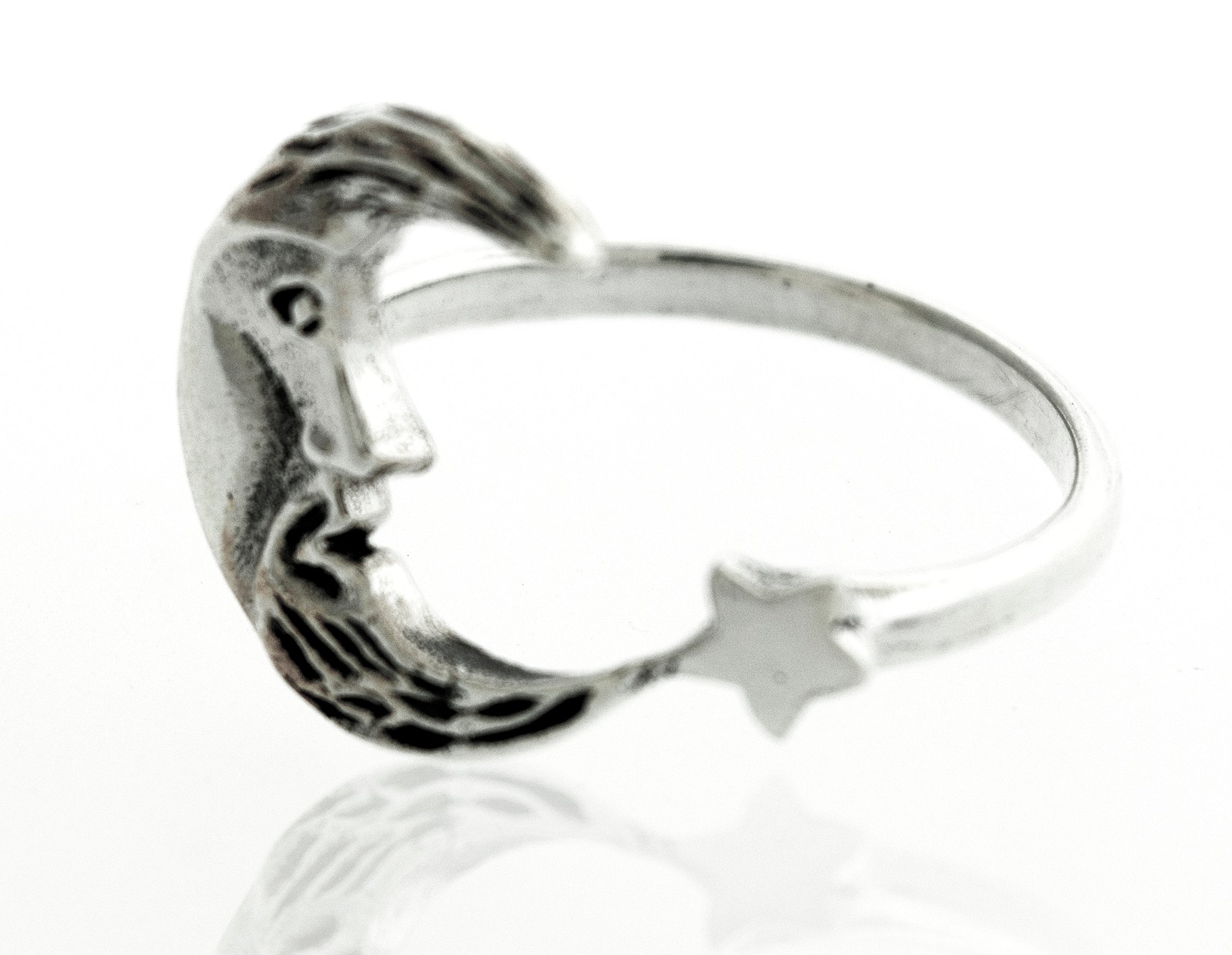 A Super Silver Crescent Moon And Star Ring.