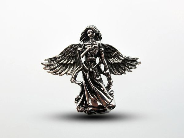 A Super Silver Flowing Angel Pendant With Hand Over Heart with wings on a white background.