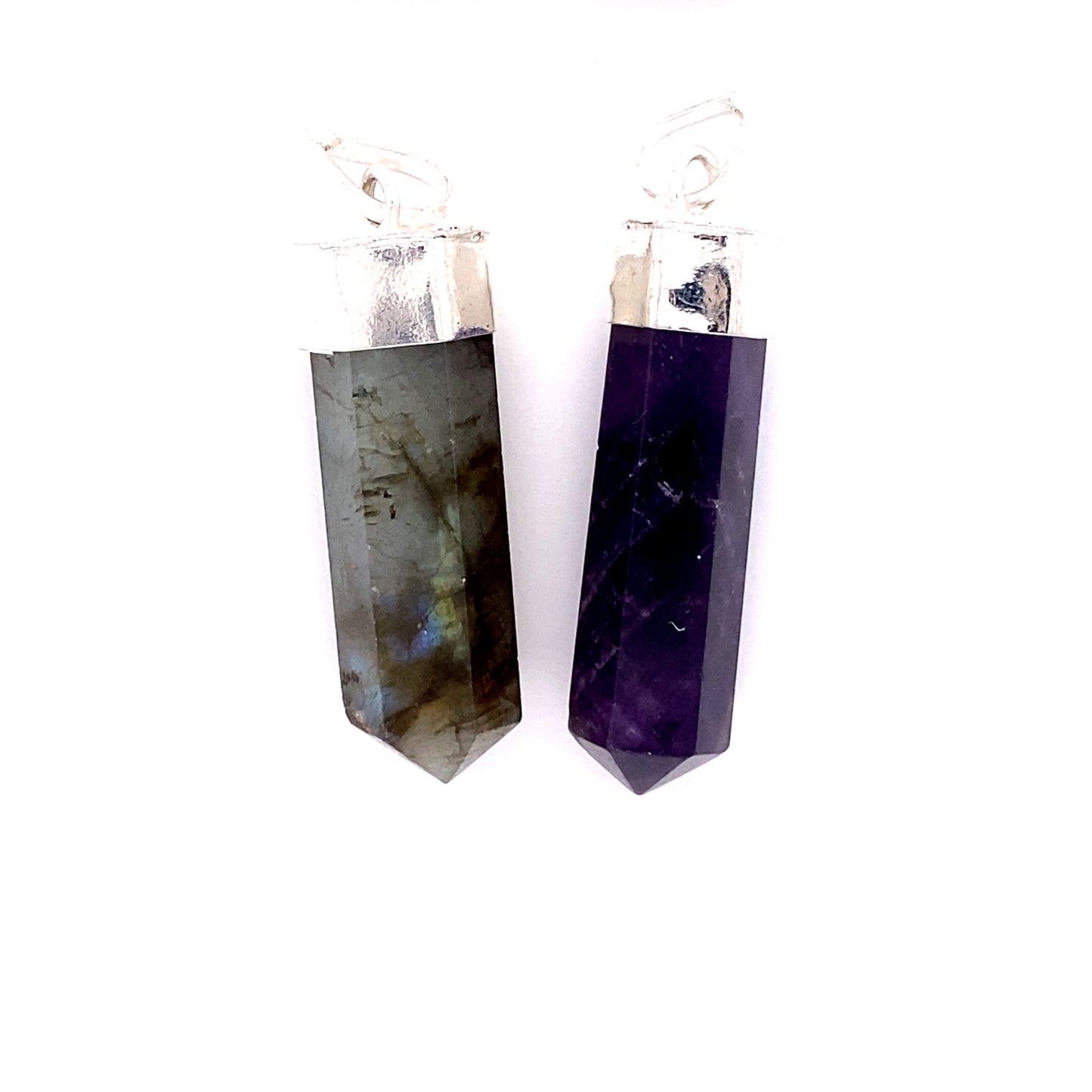 Super Silver's Simple Gemstone Point Pendant with Labradorite and amethyst, giving off a boho vibe.