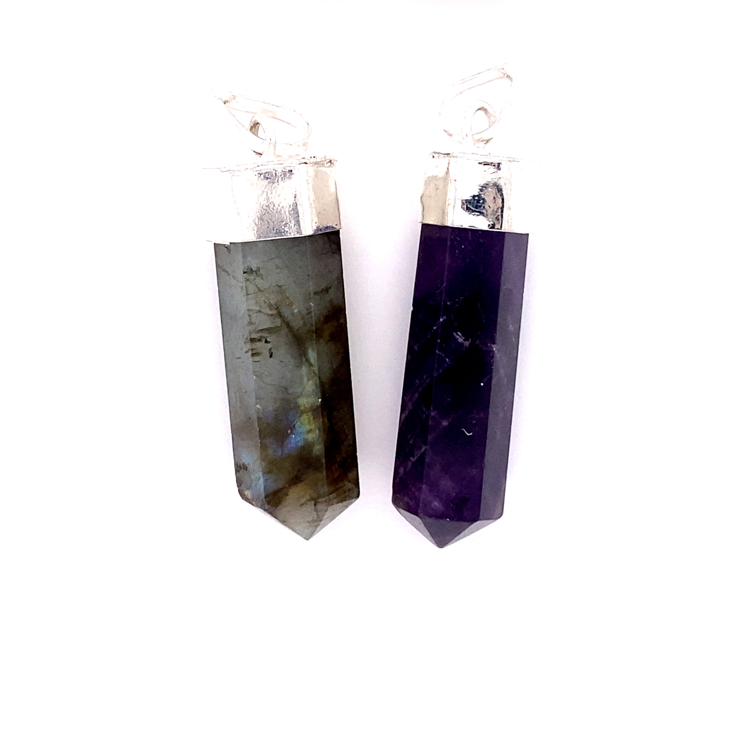 Super Silver's Simple Gemstone Point Pendant with Labradorite and amethyst, giving off a boho vibe.