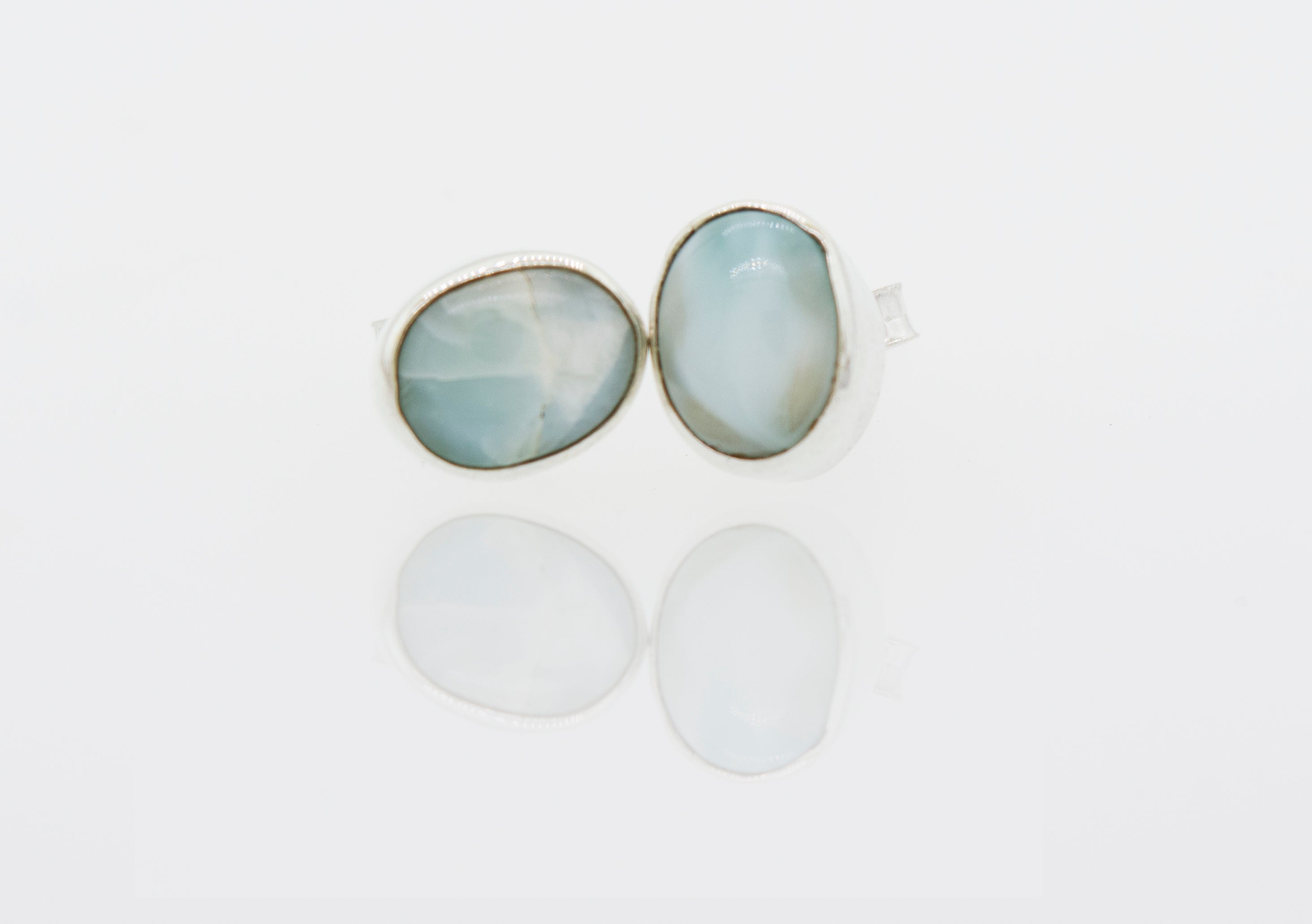 A pair of elegant Super Silver Larimar Studs with a beautiful blue stone.