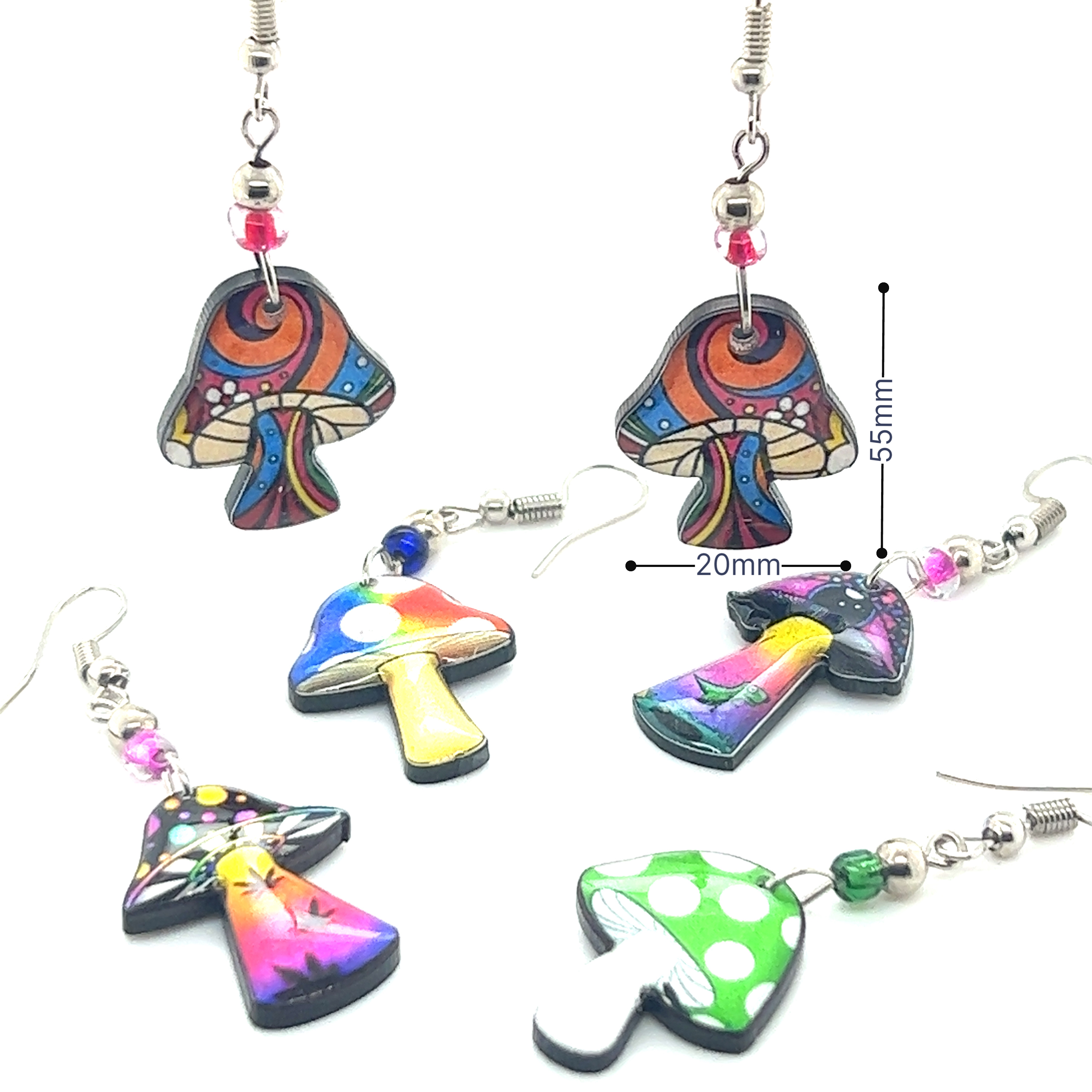 A set of Super Silver Trippy Acrylic Mushroom Earrings featuring vibrant hues.