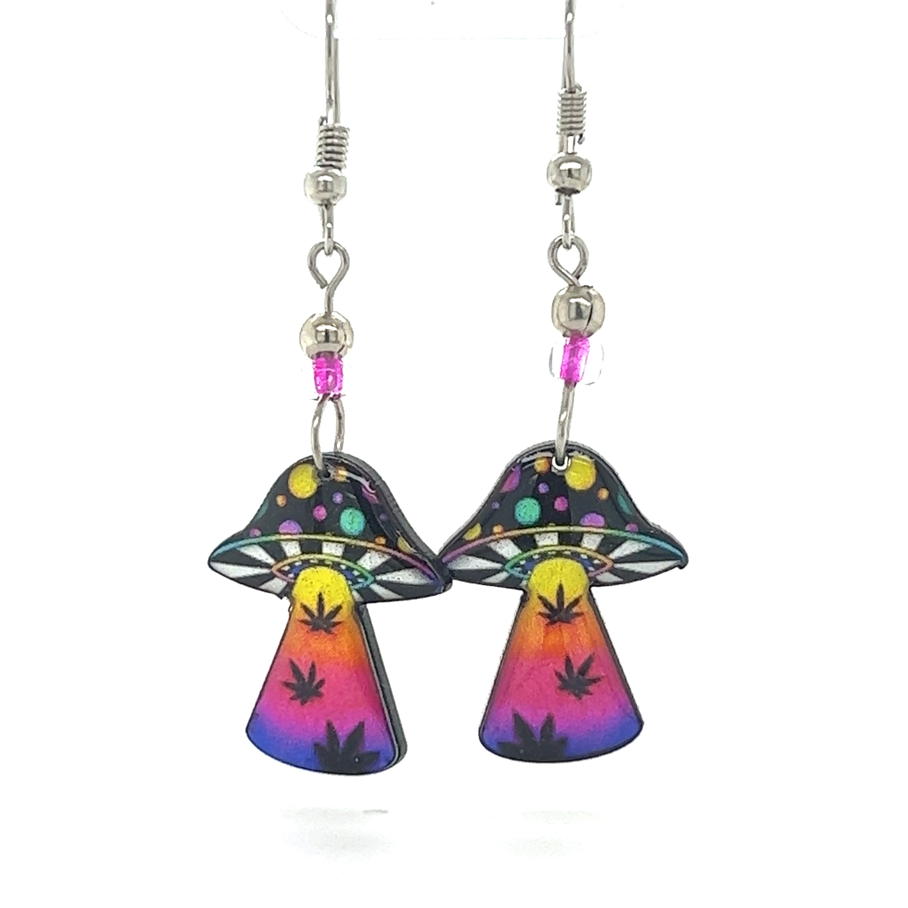 A pair of Trippy Acrylic Mushroom Earrings with vibrant hues by Super Silver.