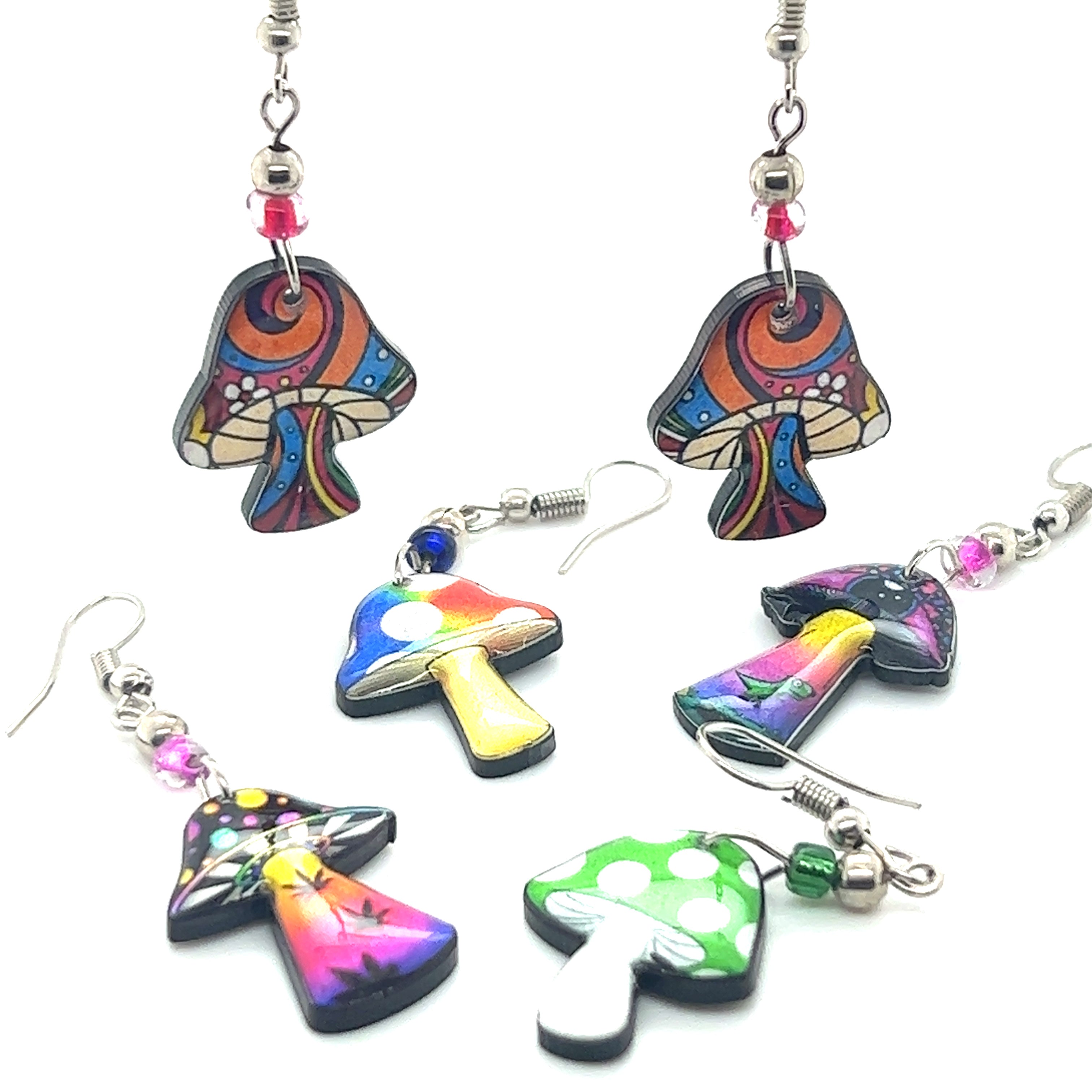 A set of Trippy Acrylic Mushroom Earrings by Super Silver on a white background.
