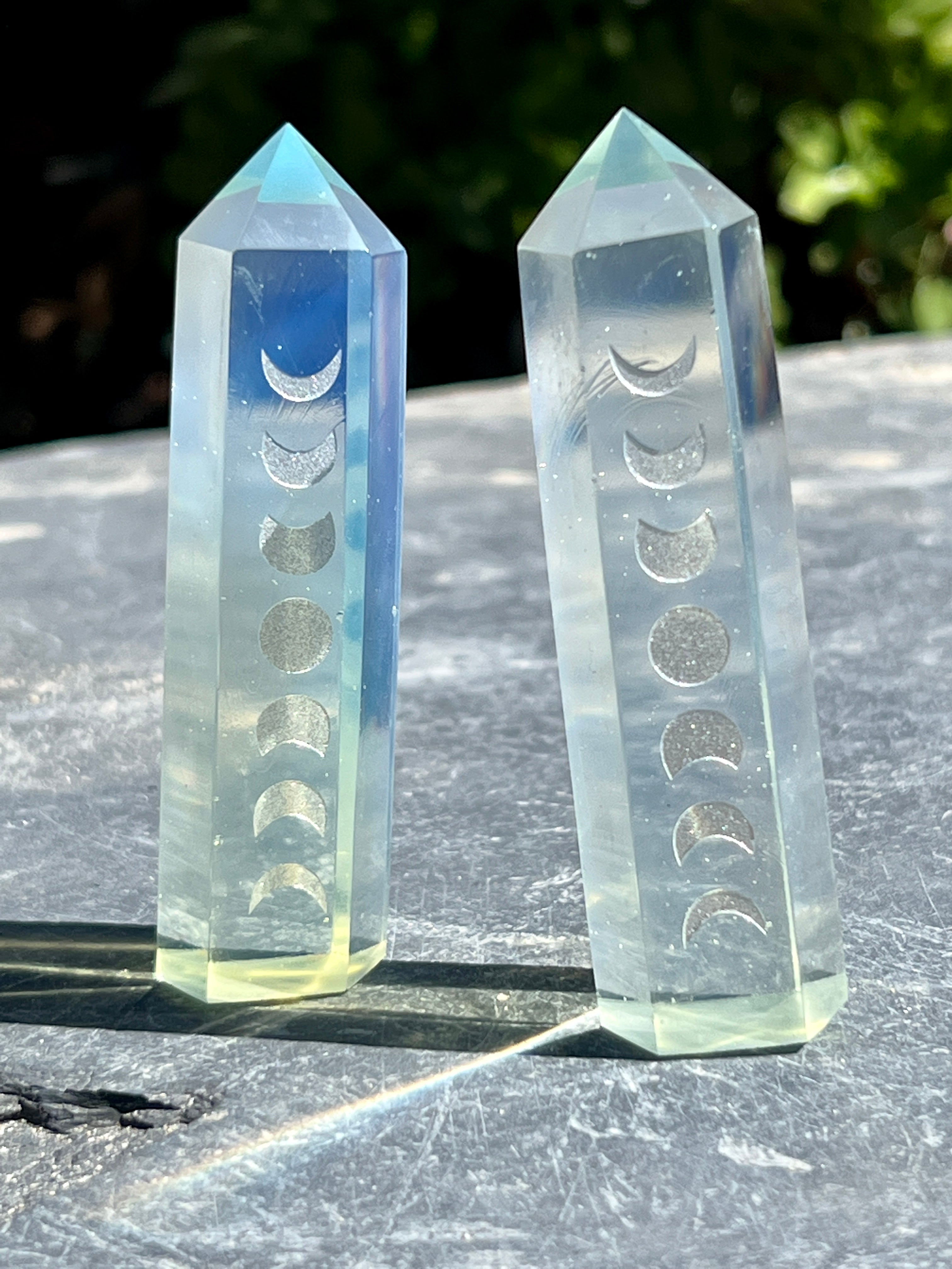 A celestial pair of Opalite Obelisks with Moon Phases engraved.