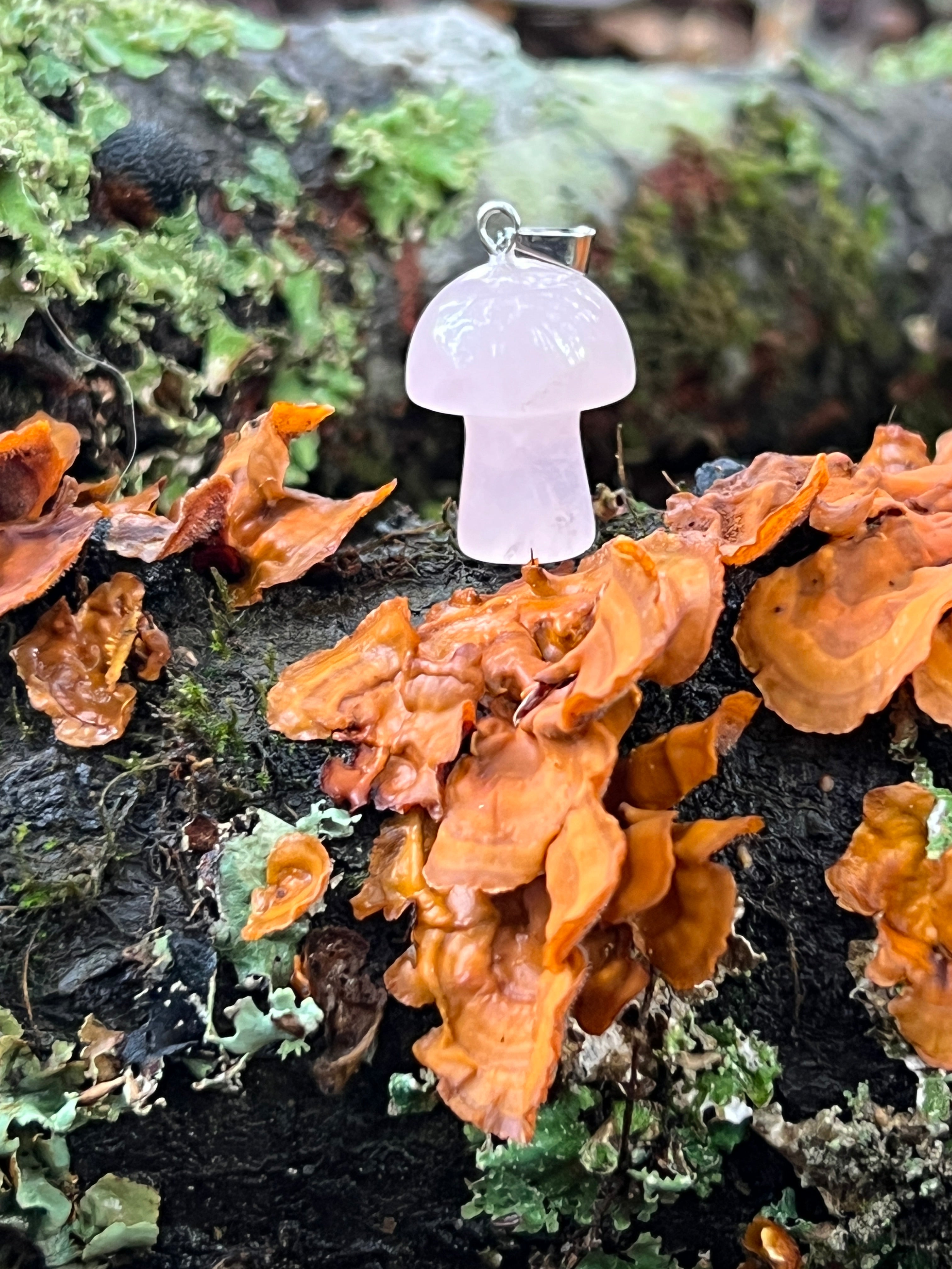A Rose Quartz Mushroom Pendant from Super Silver is sitting on a log in a forest, radiating love to open and purify your heart.
