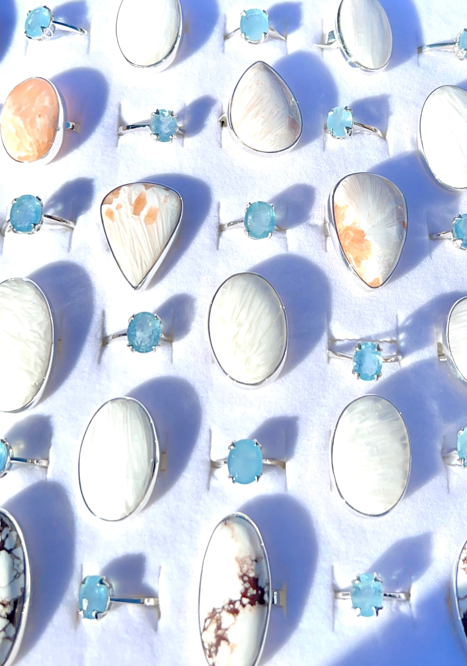 A group of Super Silver Aquamarine Rings.