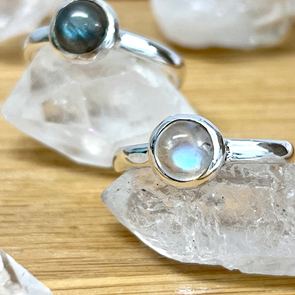 Two Simple Moonstone and Labradorite Stacking Rings with labradorite and crystals on top by Super Silver.