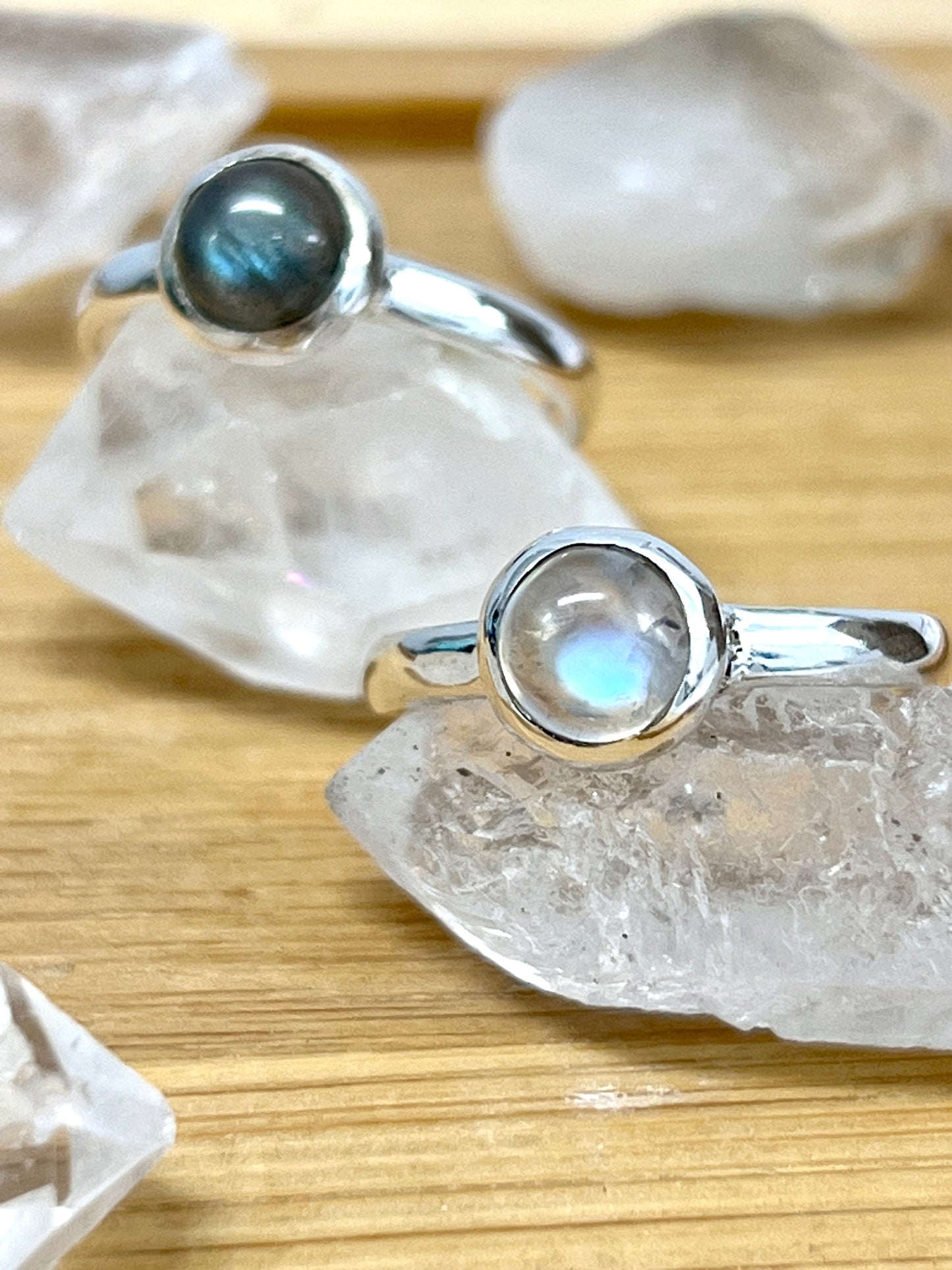 Two Simple Moonstone and Labradorite Stacking Rings with labradorite and crystals on top by Super Silver.
