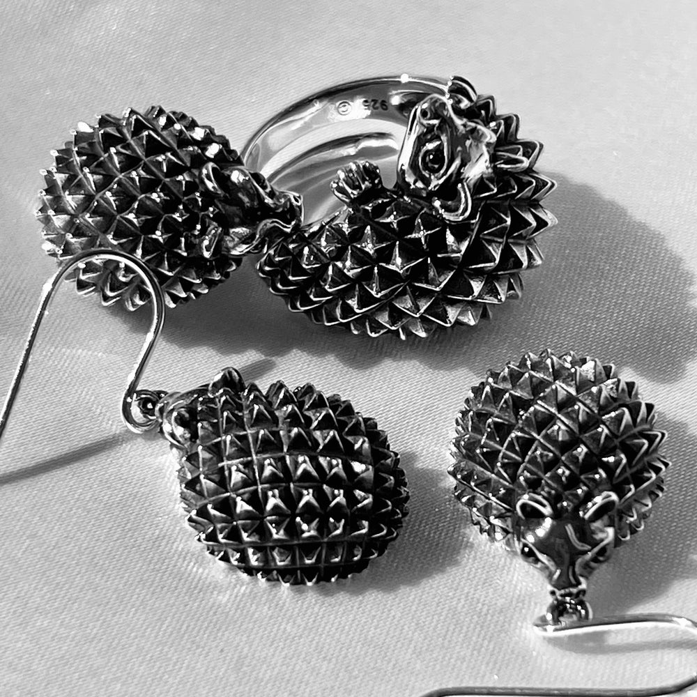 A vintage black and white photo showcasing a Super Silver Hedgehog Pendant and Brooch.