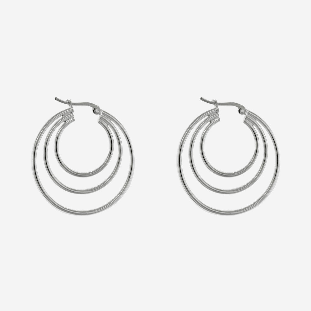 A pair of Super Silver Three Tiered Hoop Earrings on a white background.