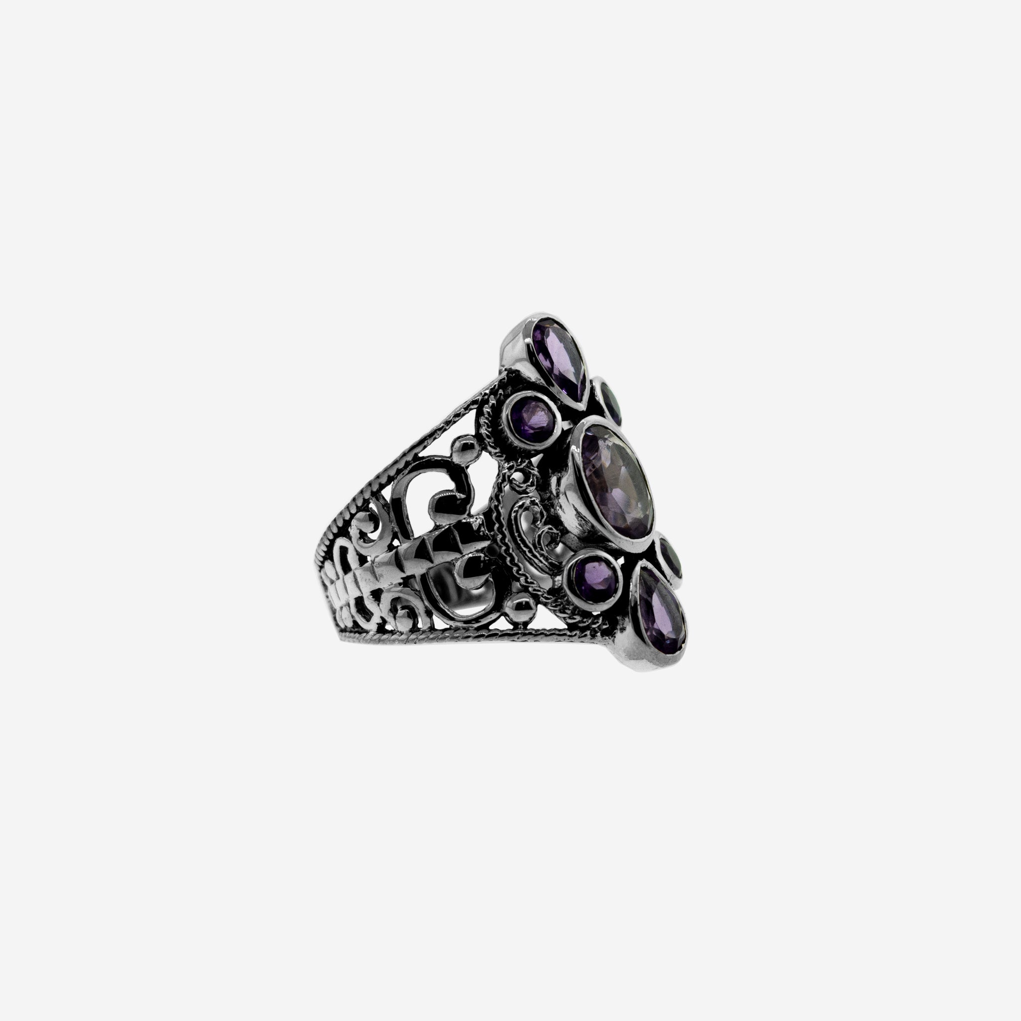 A Super Silver Various Beautiful Stone ring with Filigree Cutout.