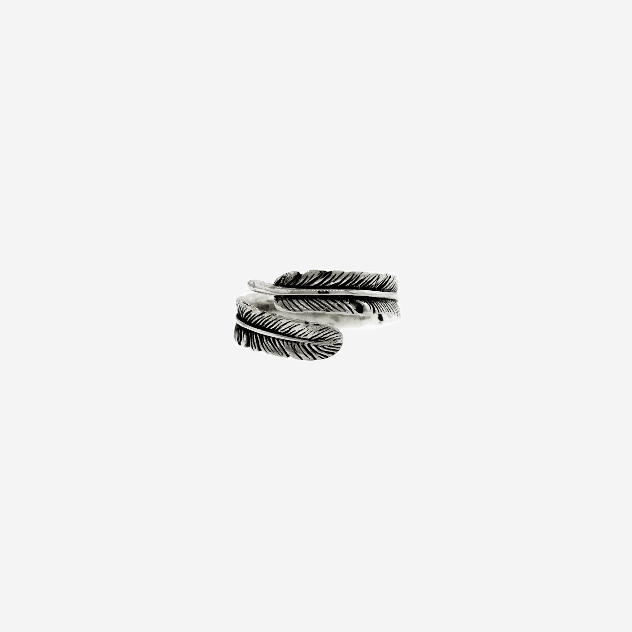 A Super Silver Adjustable Feather Ring, perfect for everyday wear, on a white background.