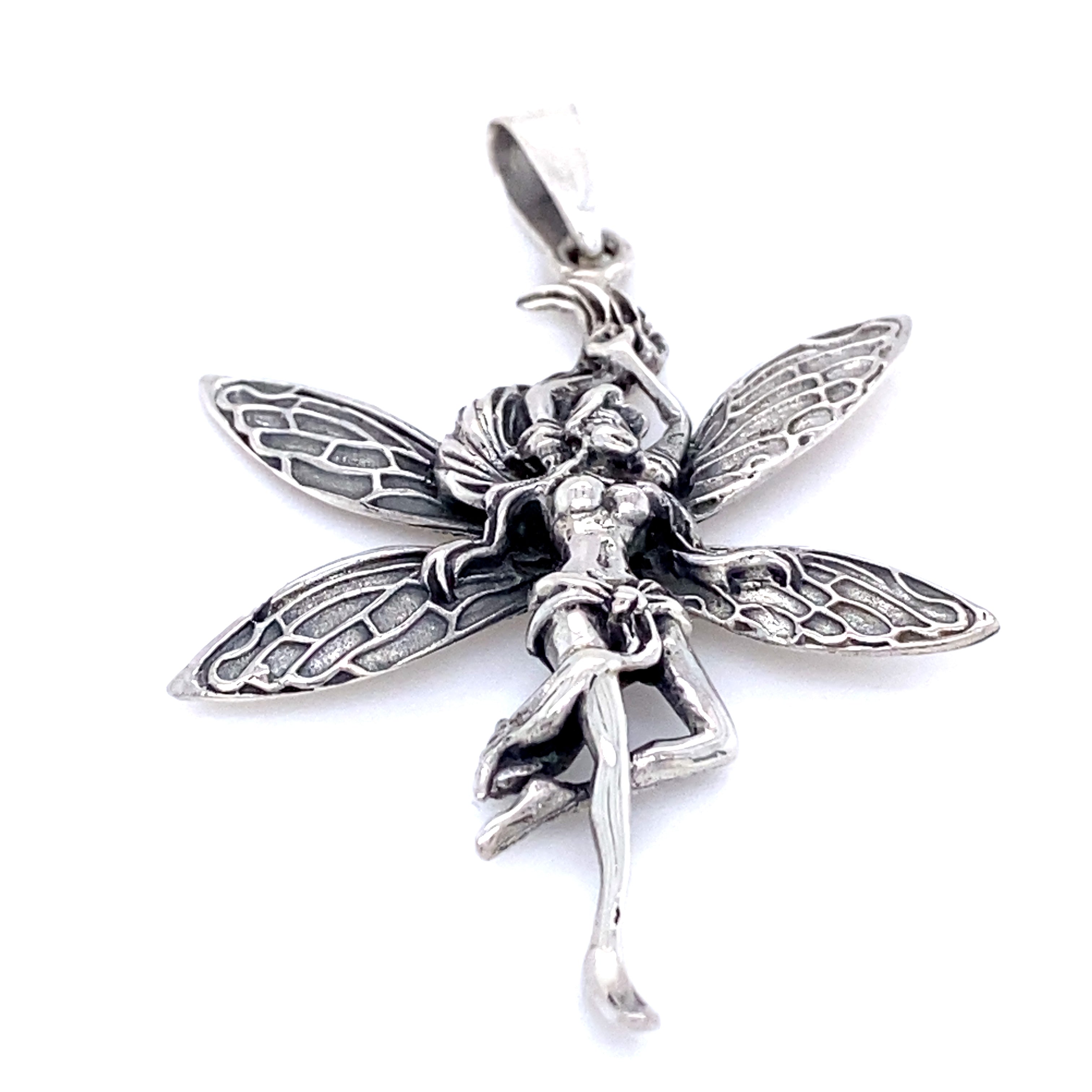 A 2" long Super Silver pendant with a Dancing Fairy Charm on it, made of .925 Sterling Silver.